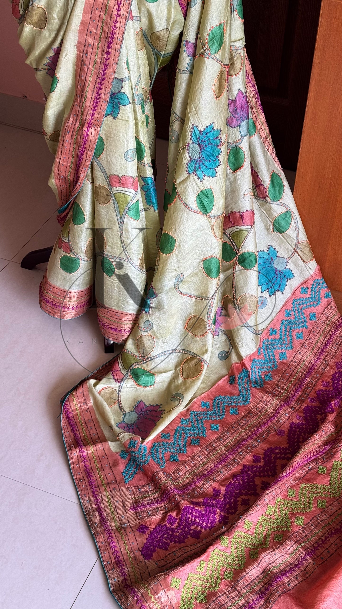 Hand Painted & Hand Embroidered Pure Gaji Tussar Silk Saree - Pastel Green