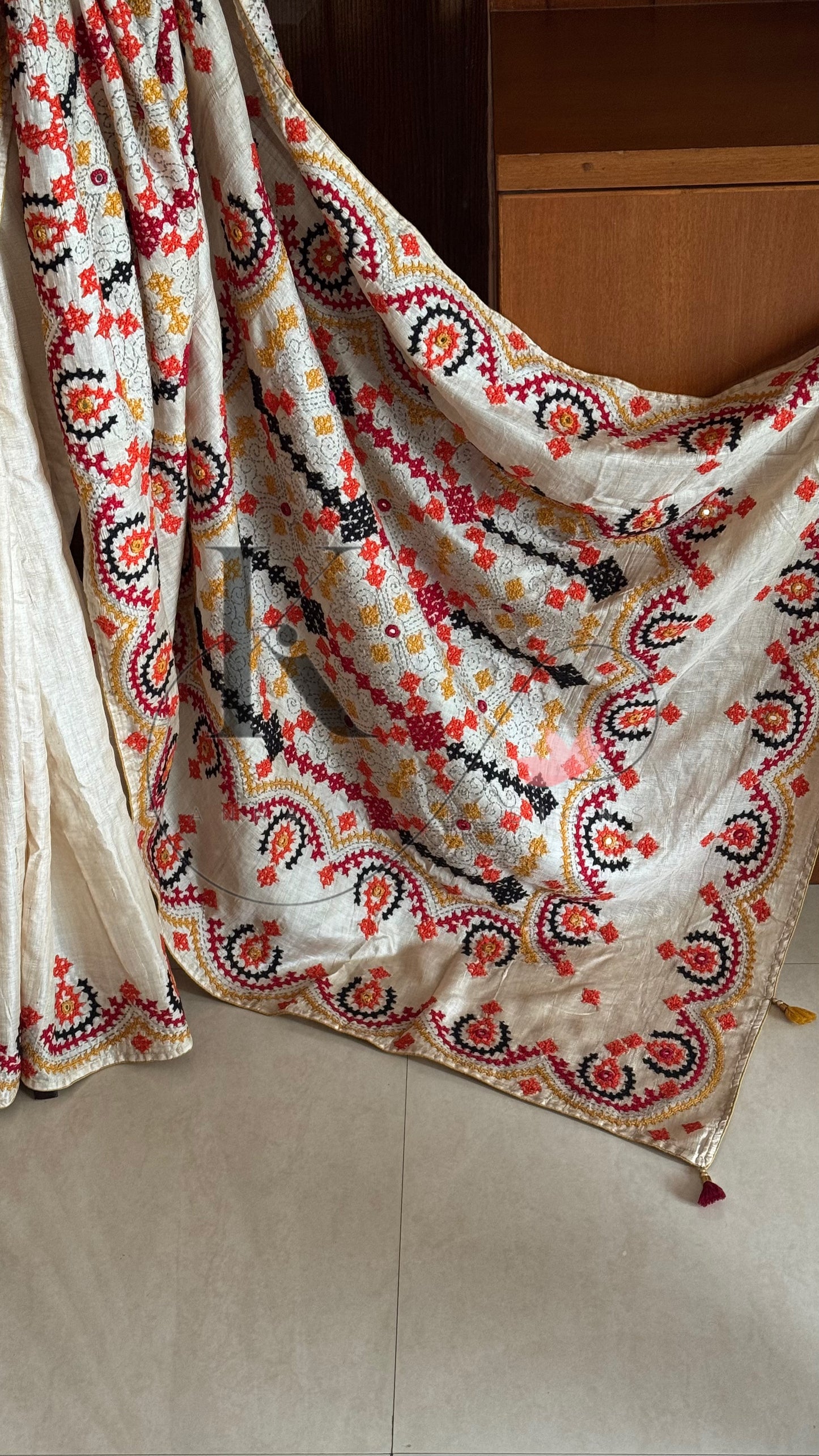 Kutch Embroidery with real mirror work Pure Gaji Tussar Silk Saree - Tussar Beige ,Yellow & Orange