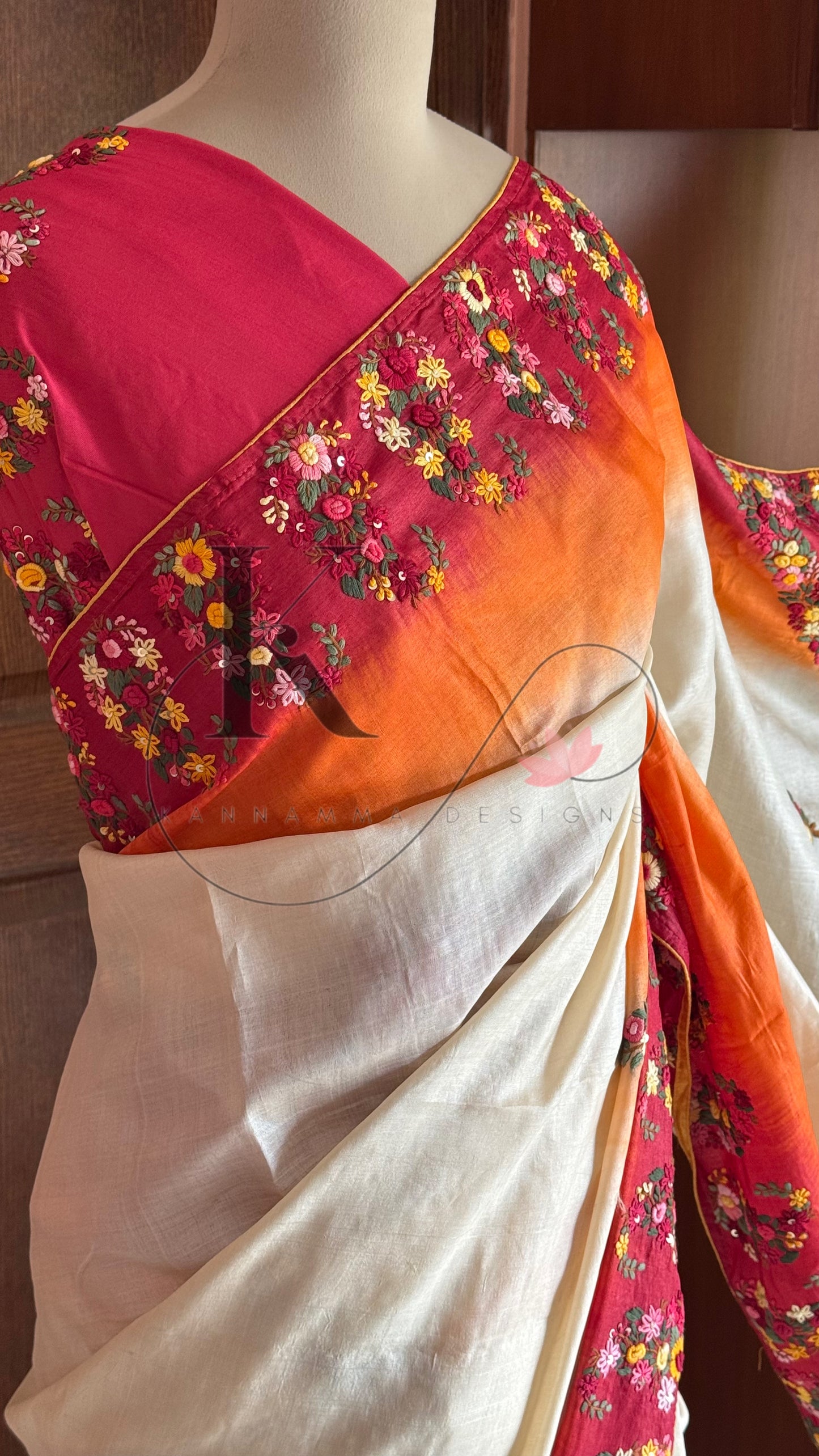 Hand Embroidered Pure Tussar Silk Saree - Halfwhite,Red & Orange
