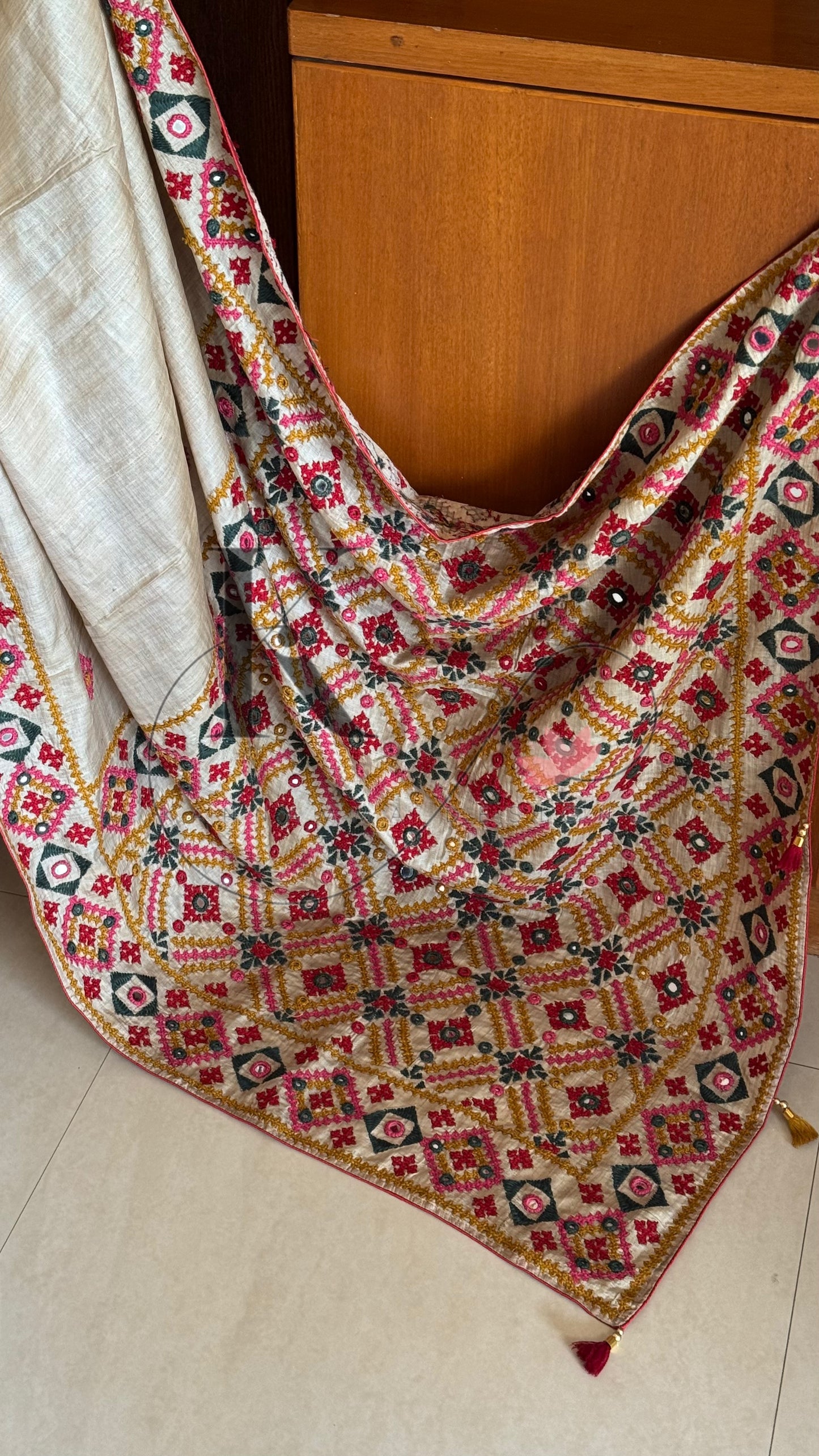 Kutch Embroidery with real mirror work Pure Gaji Tussar Silk Saree - Tussar Beige