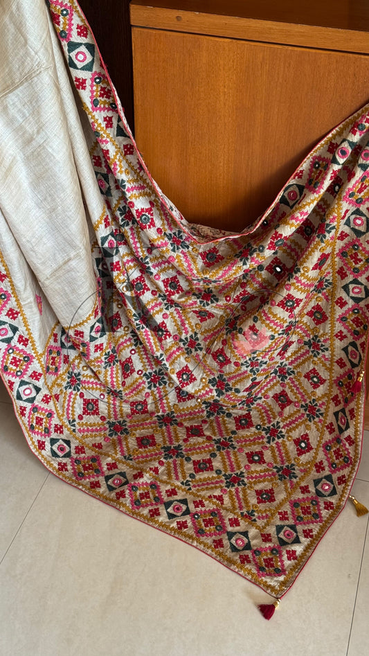 Kutch Embroidery with real mirror work Pure Gaji Tussar Silk Saree - Tussar Beige