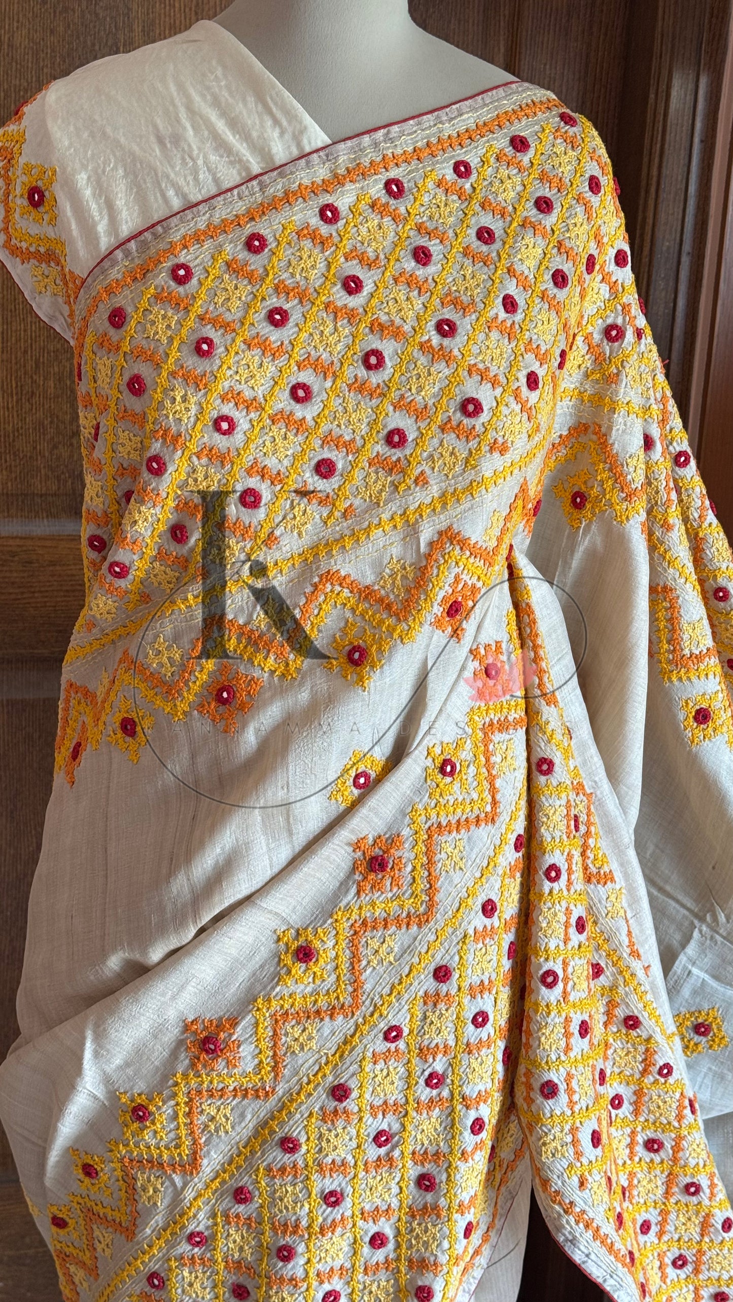Kutch Embroidery with real mirror work Pure Gaji Tussar Silk Saree - Halfwhite, Yellow & Orange