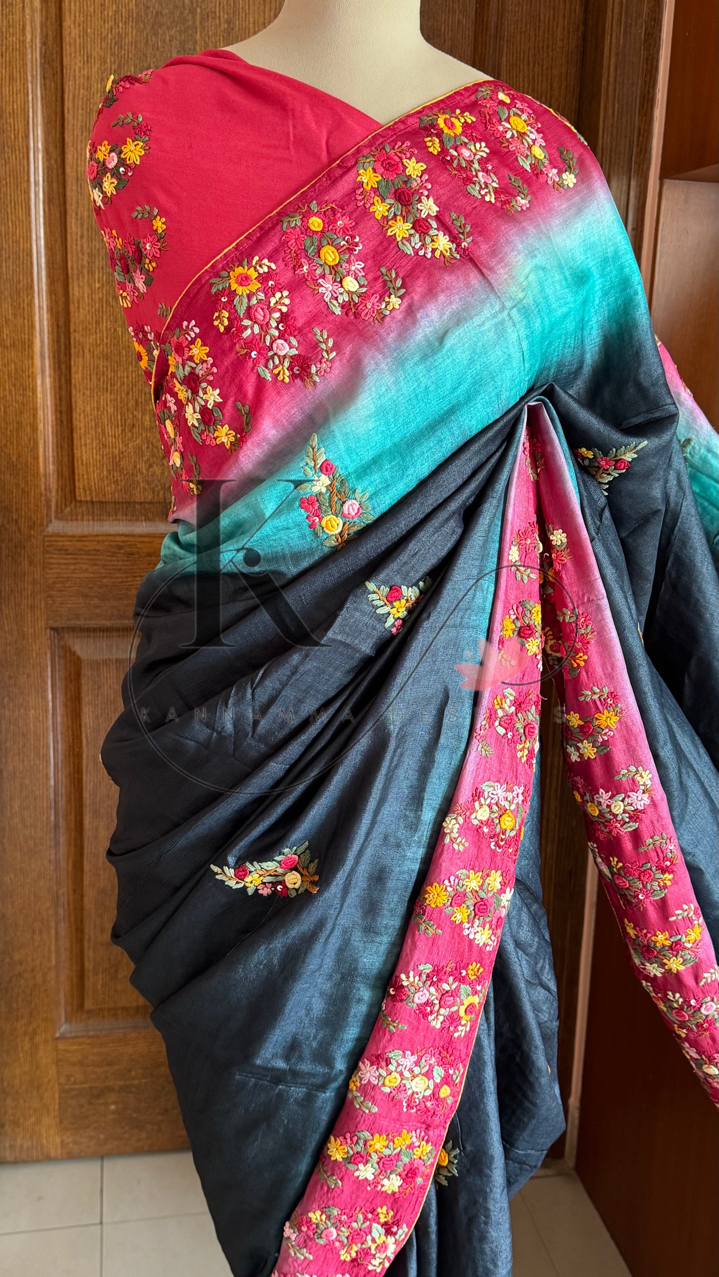 Hand Embroidered Pure Tussar Silk Saree - Black,Red & Blue