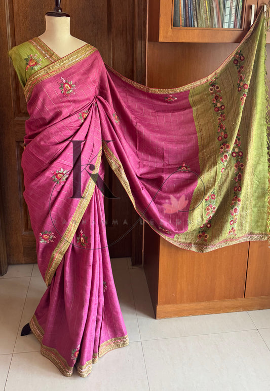 Hand Embroidered Pure Tussar Silk Saree - Pink & Green