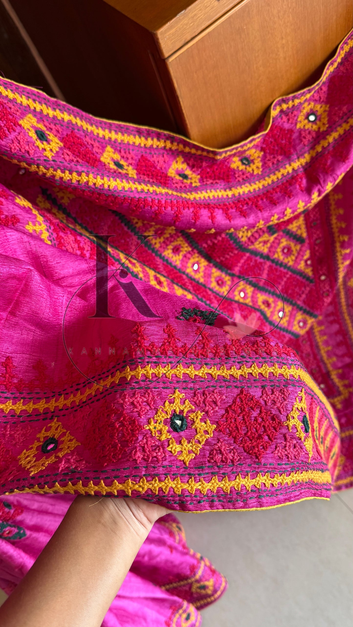 Kutch Embroidery with real mirror work Pure Gaji Tussar - Pink