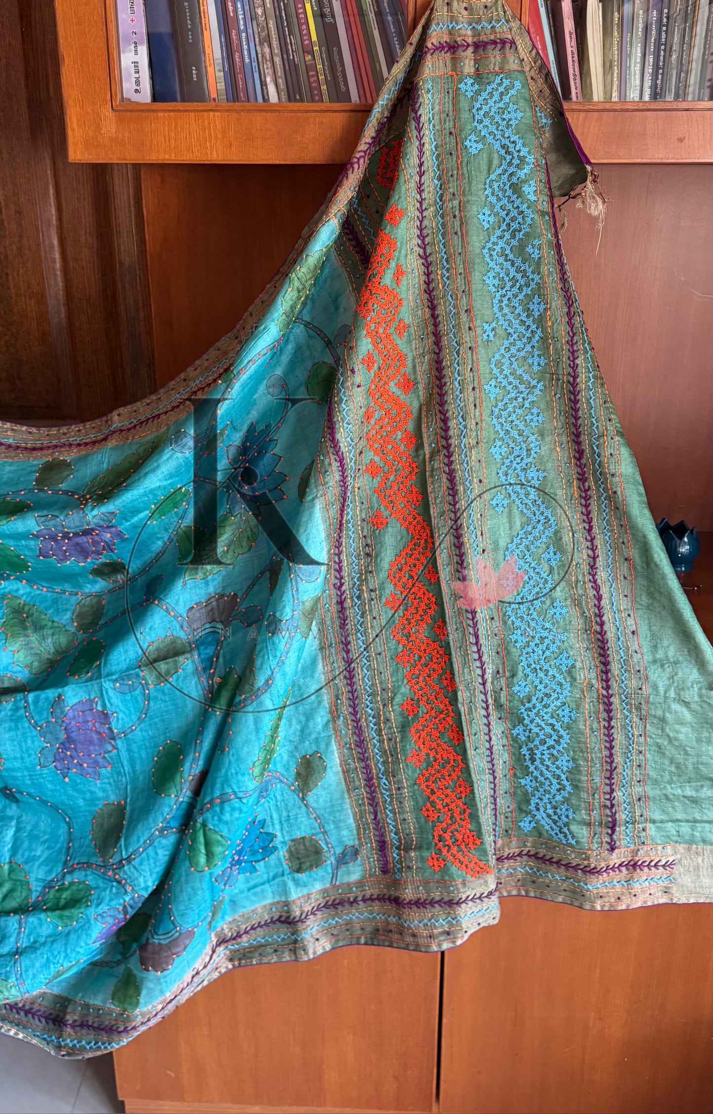 Hand Painted & Hand Embroidered Pure Tussar Silk Saree - Blue