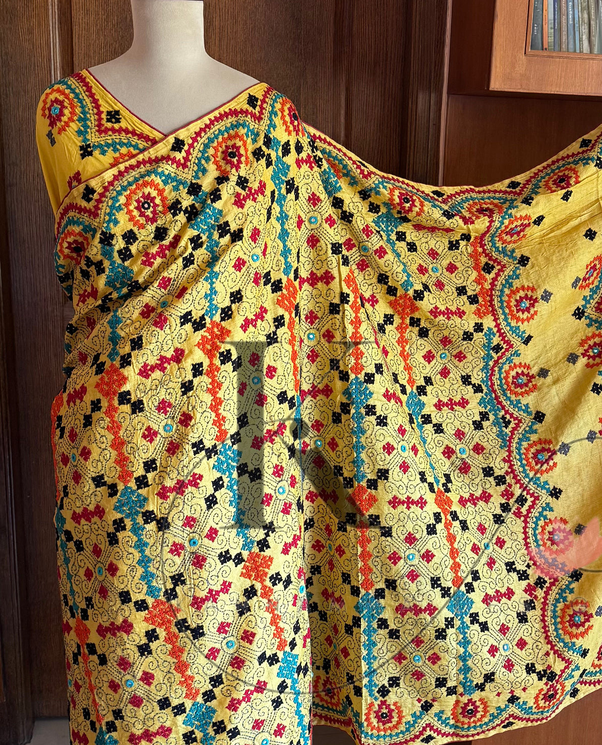 Kutch Embroidery with real mirror work Pure Gaji Tussar Silk Saree - Yellow & Multicolour