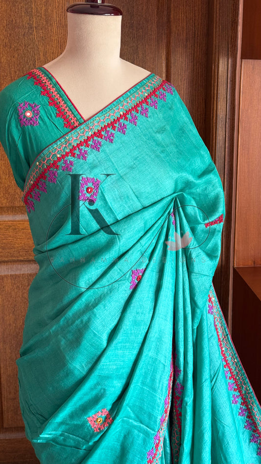 Kutch Embroidery with real mirror work Pure Gaji Tussar Silk Saree - Green