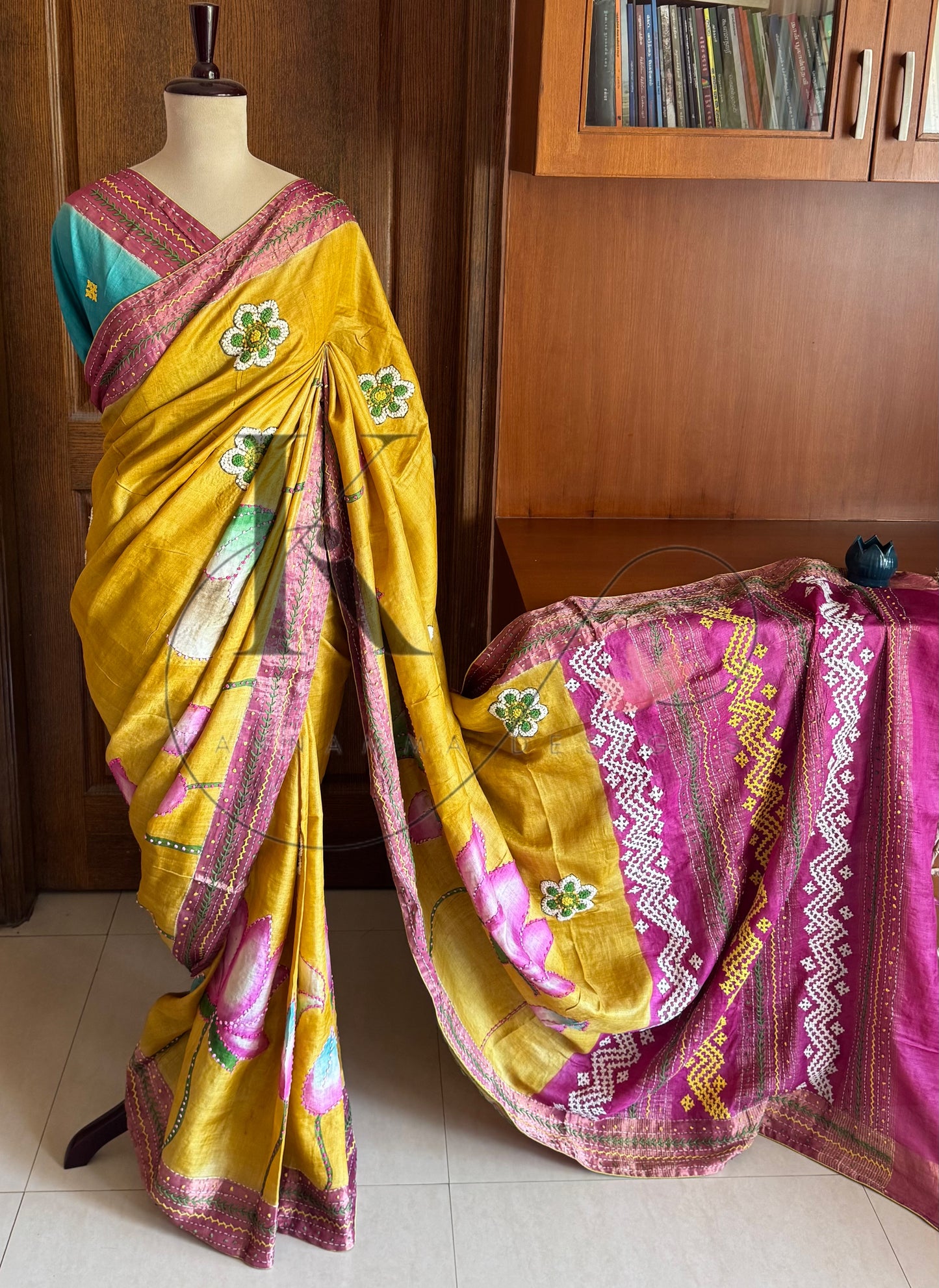 Hand Painted & Hand Embroidered Pure Gaji Tussar Silk Saree - Yellow