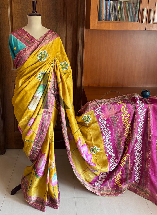 Hand Painted & Hand Embroidered Pure Gaji Tussar Silk Saree - Yellow