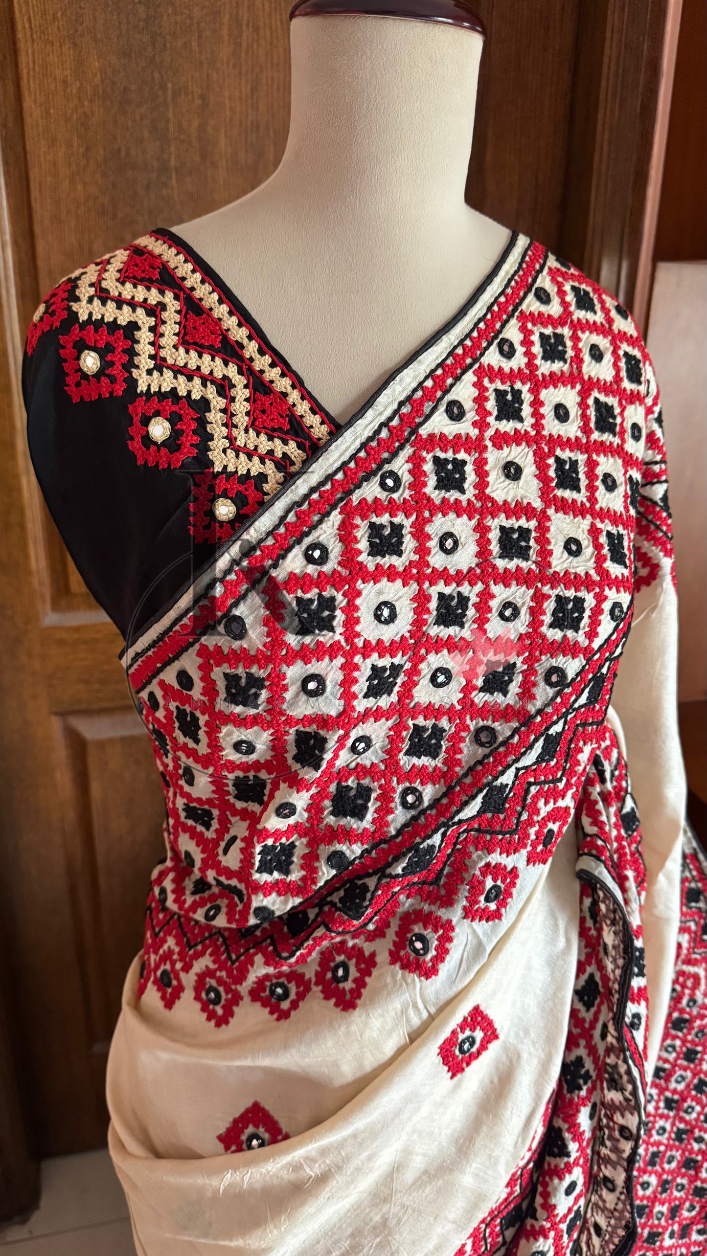 Kutch Embroidery with real mirror work Pure Gaji Tussar silk saree - Halfwhite ,red & black
