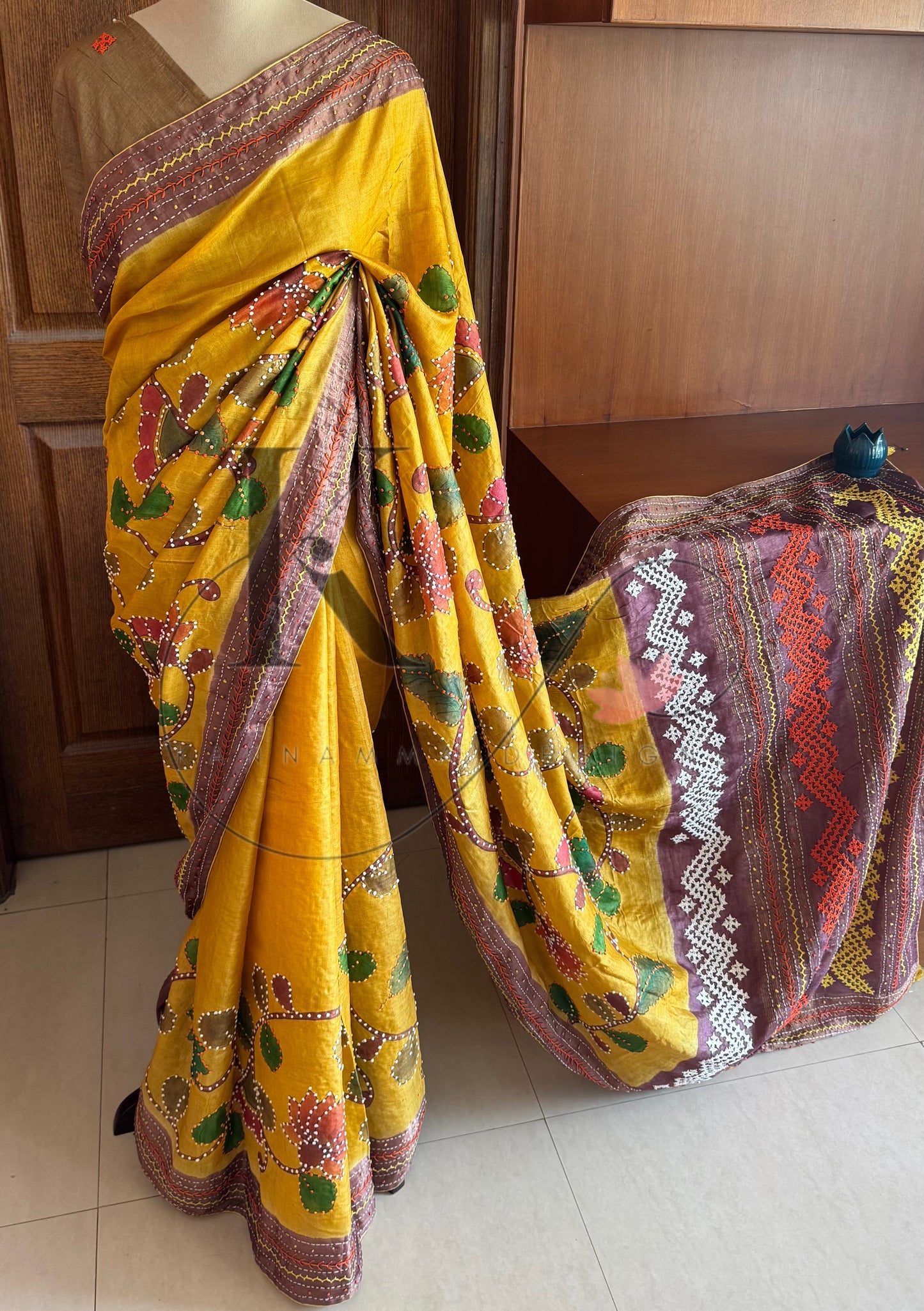 Hand Painted & Hand Embroidered Pure Tussar Silk Saree - Yellow & Mauve Brown