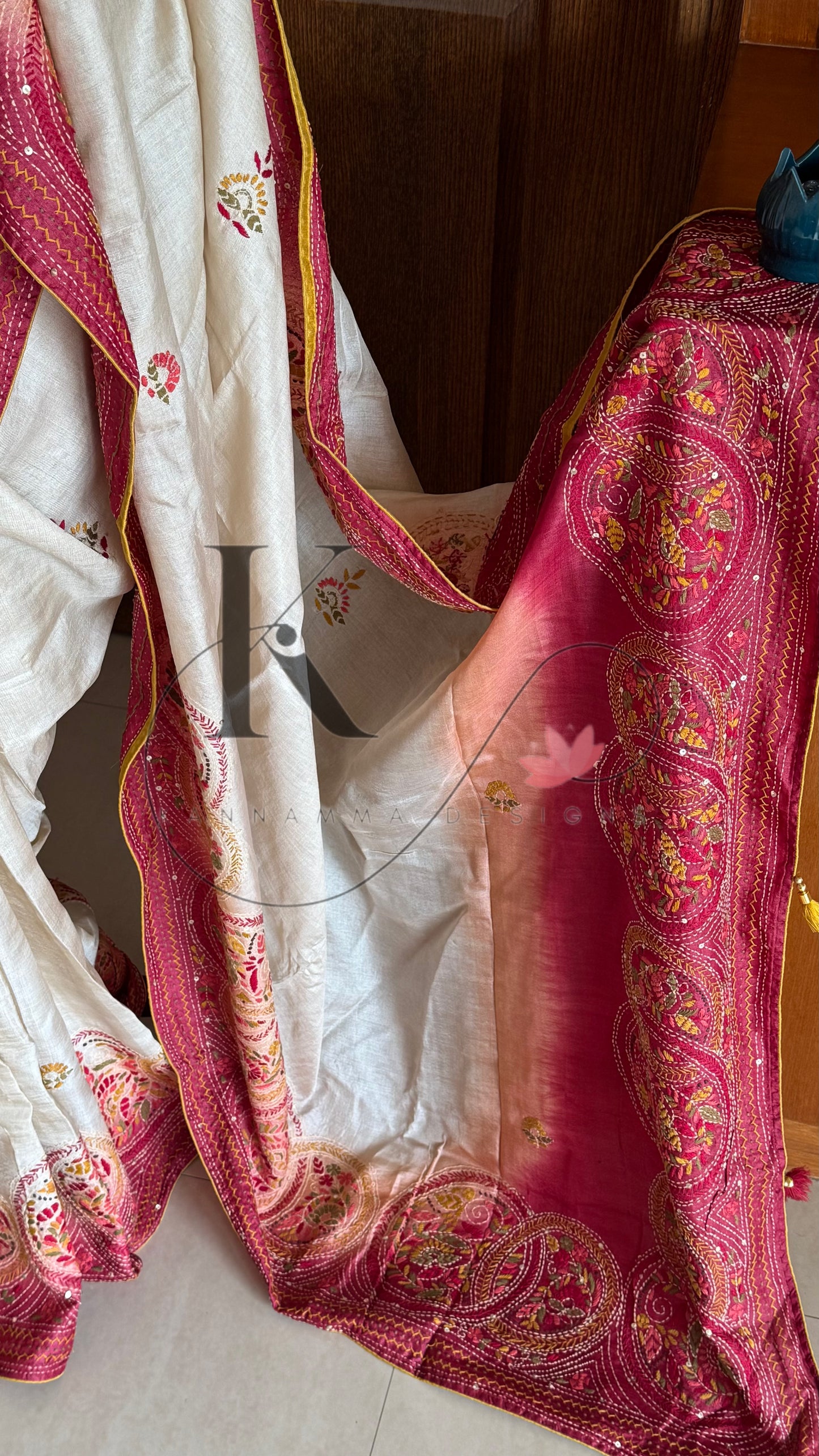 Kathiyawadi Hand Embroidered Pure Gaji Tussar Silk Saree - Halfwhite & Red