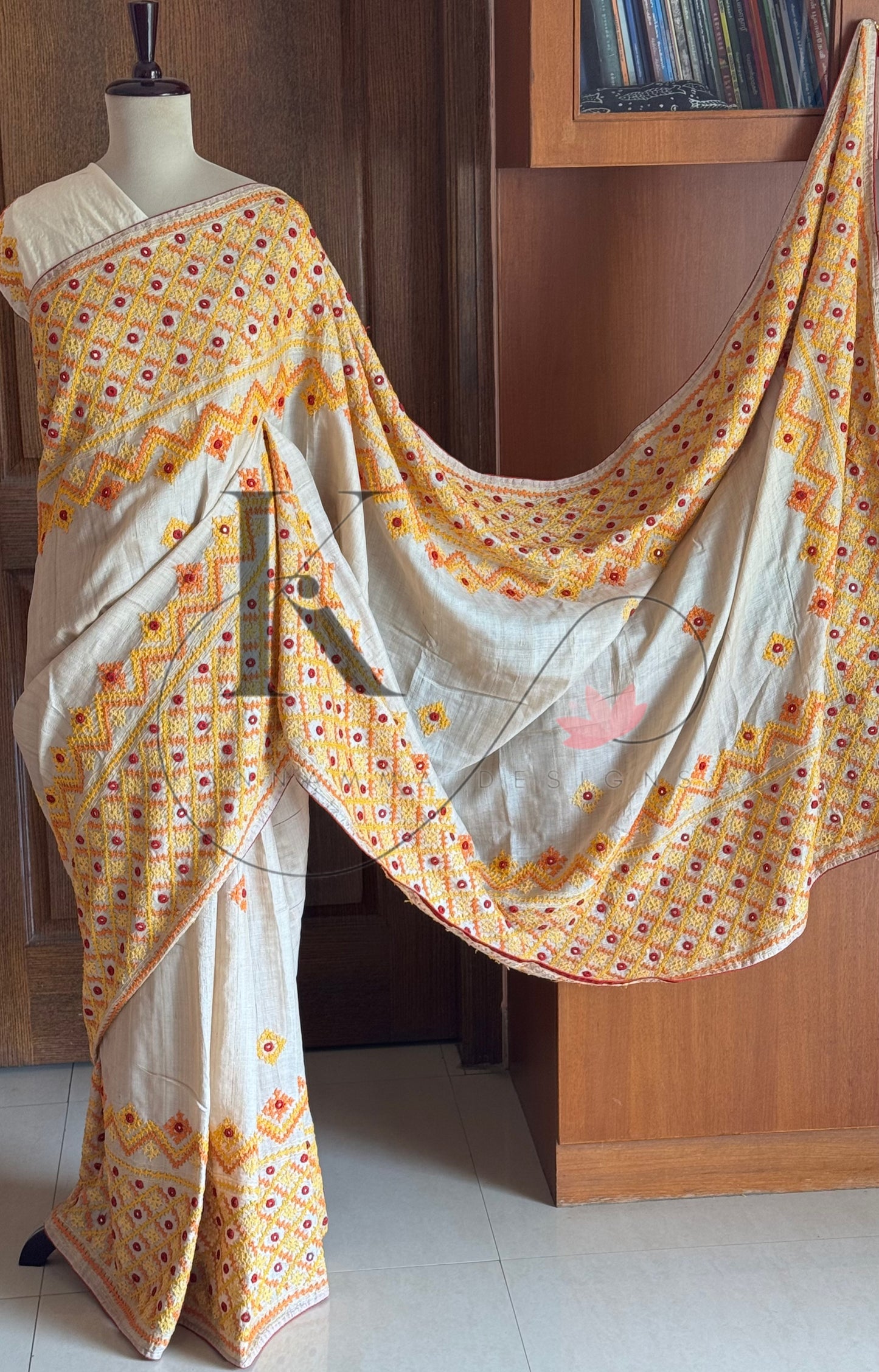 Kutch Embroidery with real mirror work Pure Gaji Tussar Silk Saree - Halfwhite, Yellow & Orange