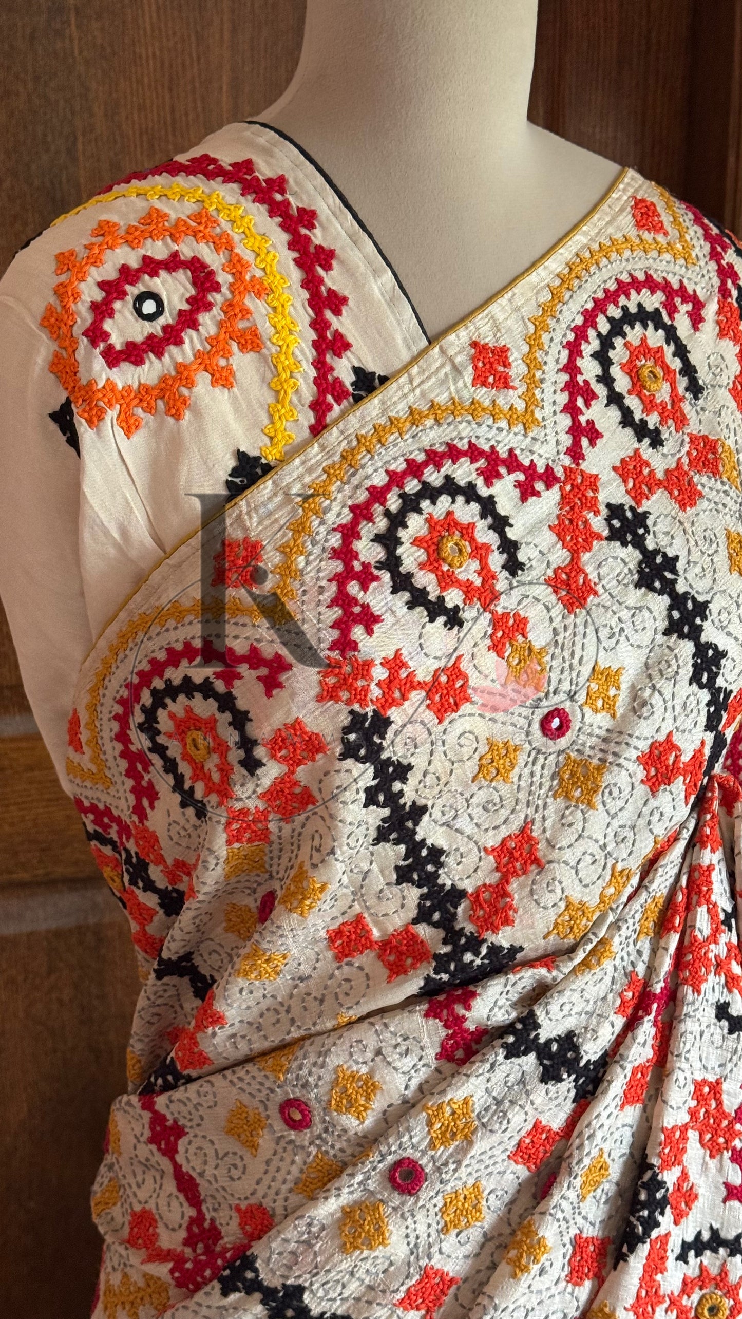 Kutch Embroidery with real mirror work Pure Gaji Tussar Silk Saree - Tussar Beige ,Yellow & Orange