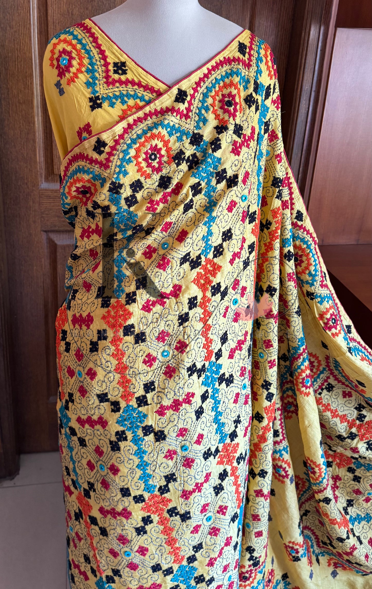 Kutch Embroidery with real mirror work Pure Gaji Tussar Silk Saree - Yellow & Multicolour