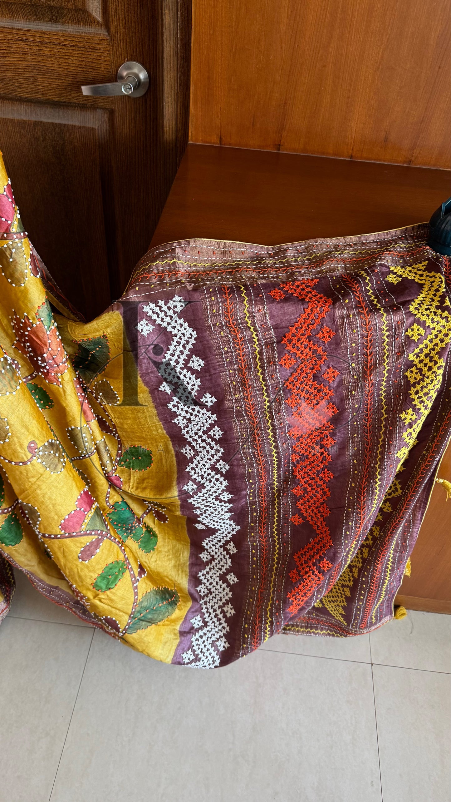 Hand Painted & Hand Embroidered Pure Tussar Silk Saree - Yellow & Mauve Brown