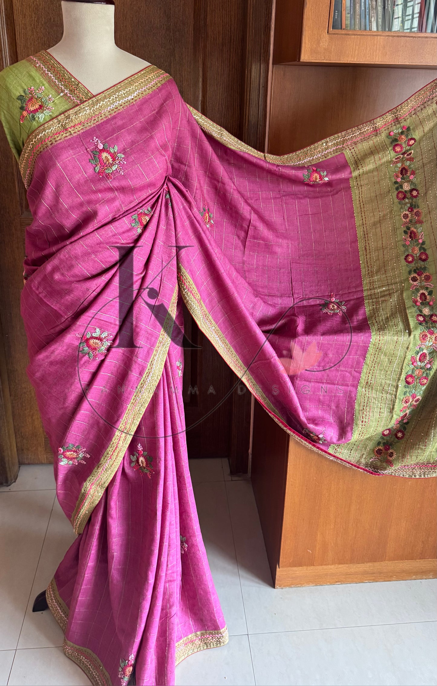 Hand Embroidered Pure Tussar Silk Saree - Pink & Green