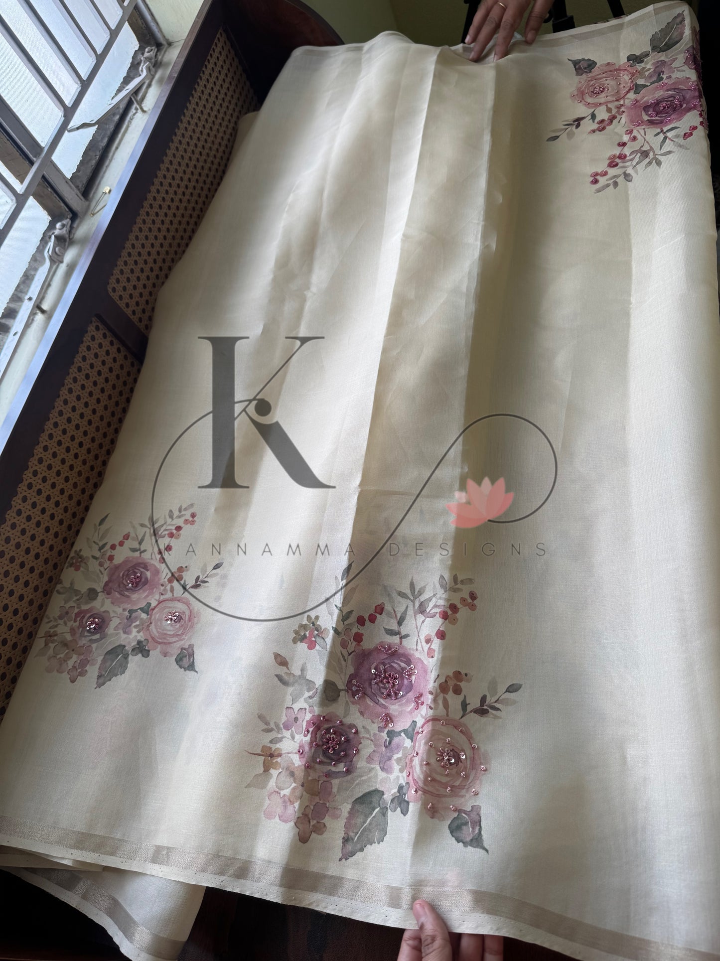 Floral Handwork Linen Chanderi Saree - Half White & Roses