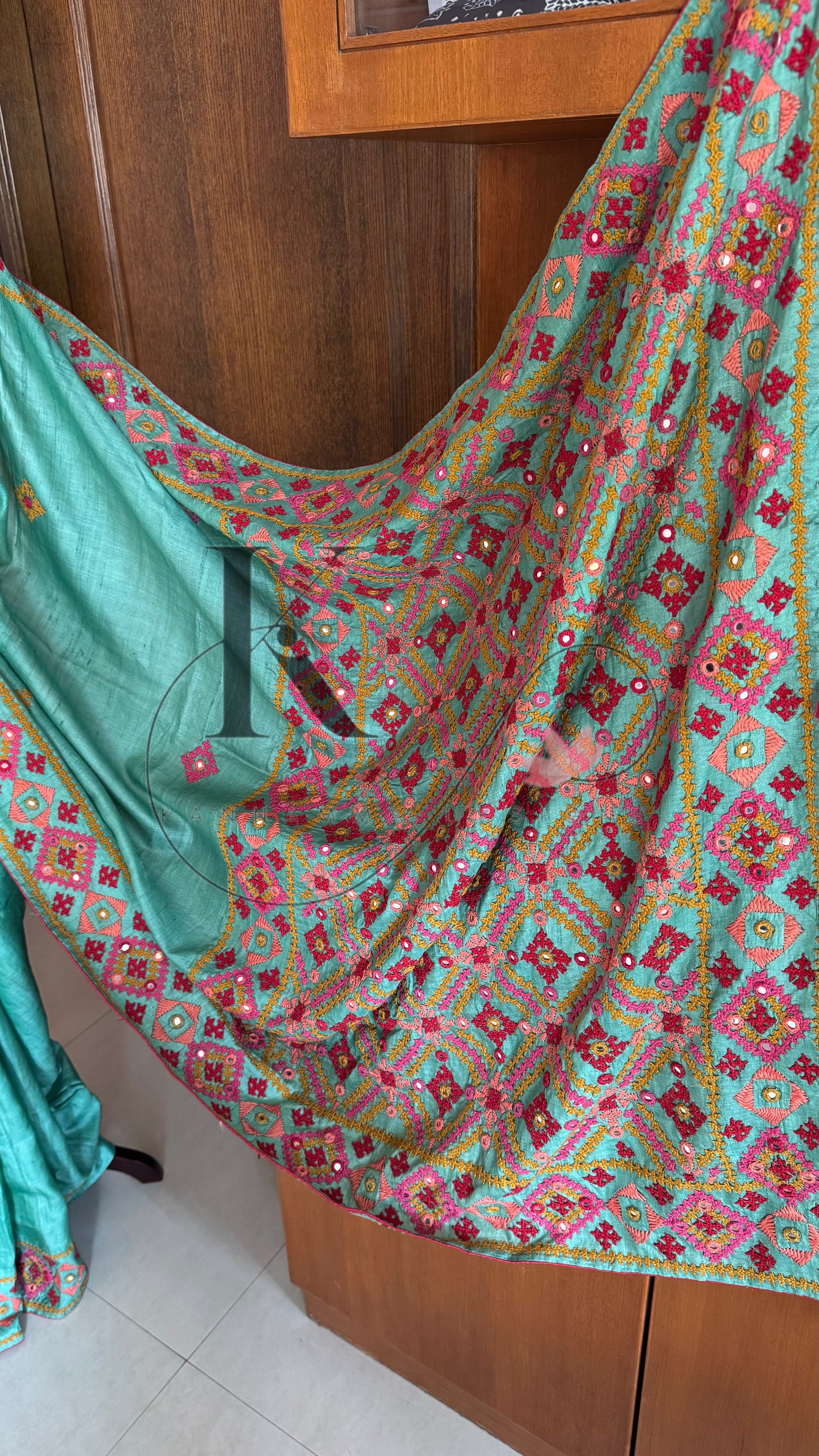 Kutch Embroidery with real mirror work Pure Gaji Tussar Silk Saree - Green