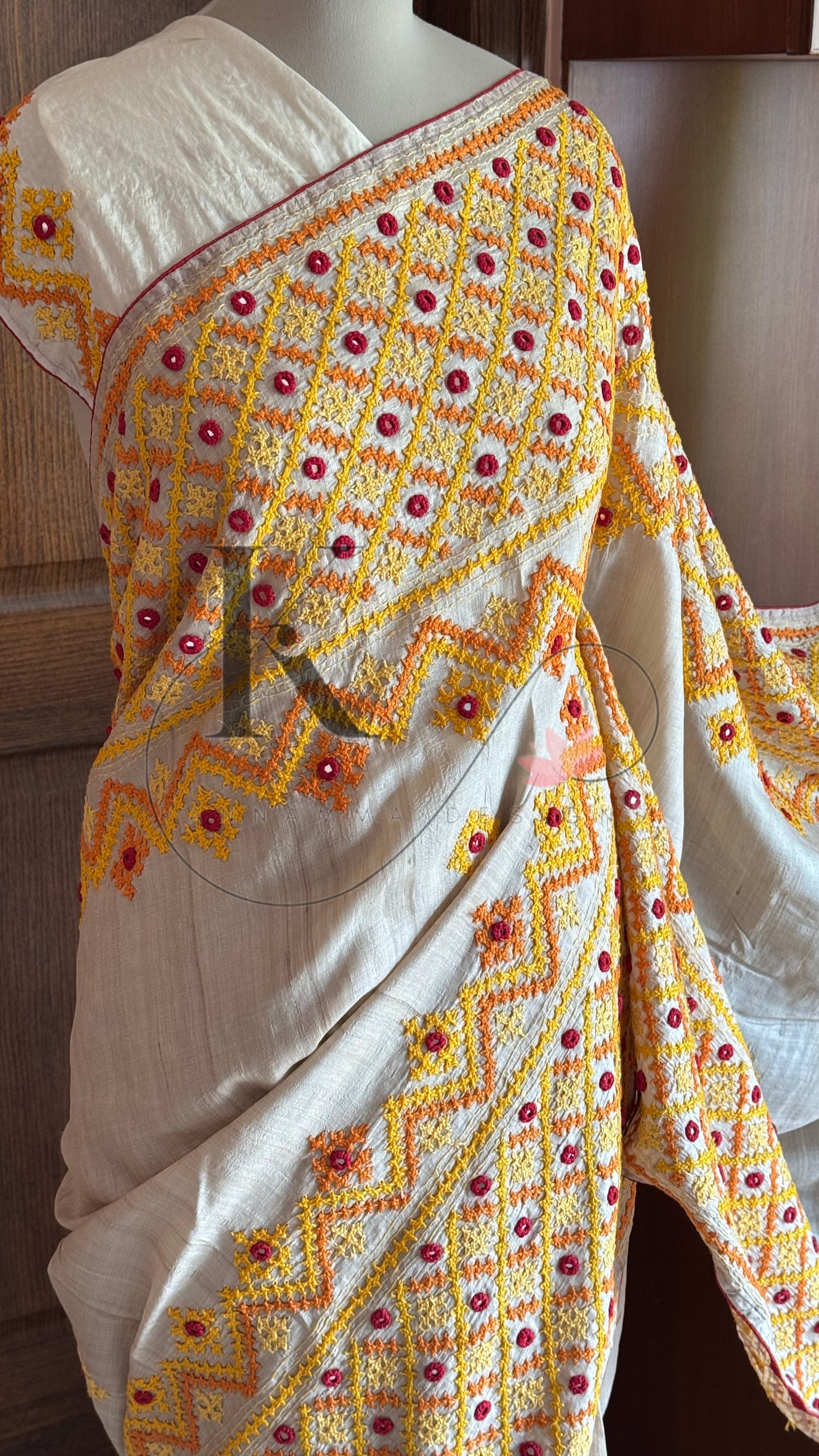 Kutch Embroidery with real mirror work Pure Gaji Tussar Silk Saree - Halfwhite, Yellow & Orange