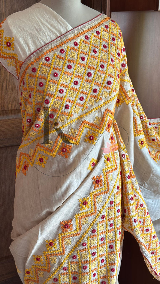 Kutch Embroidery with real mirror work Pure Gaji Tussar Silk Saree - Halfwhite, Yellow & Orange