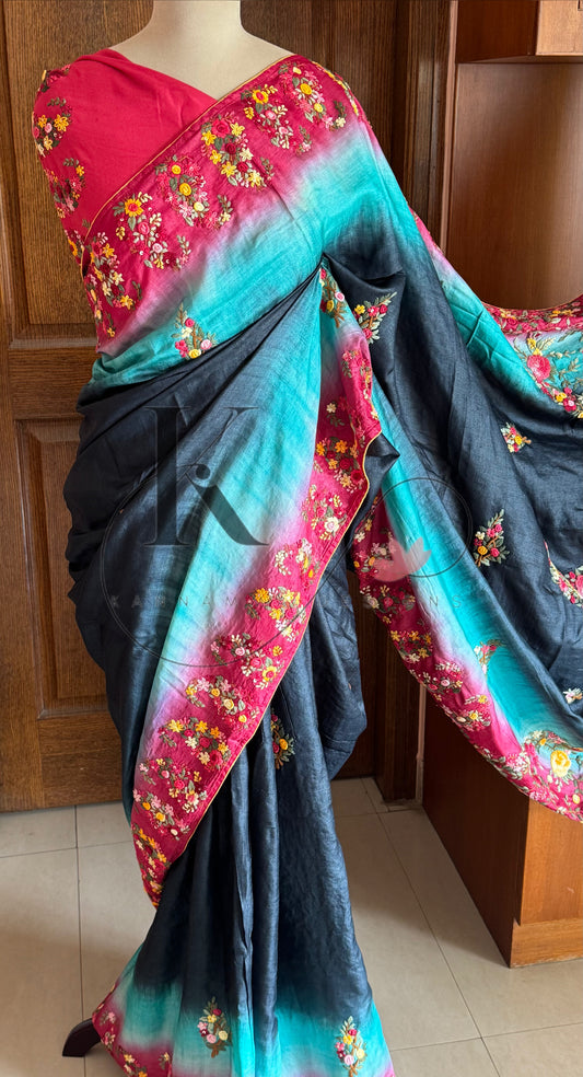 Hand Embroidered Pure Tussar Silk Saree - Black,Red & Blue