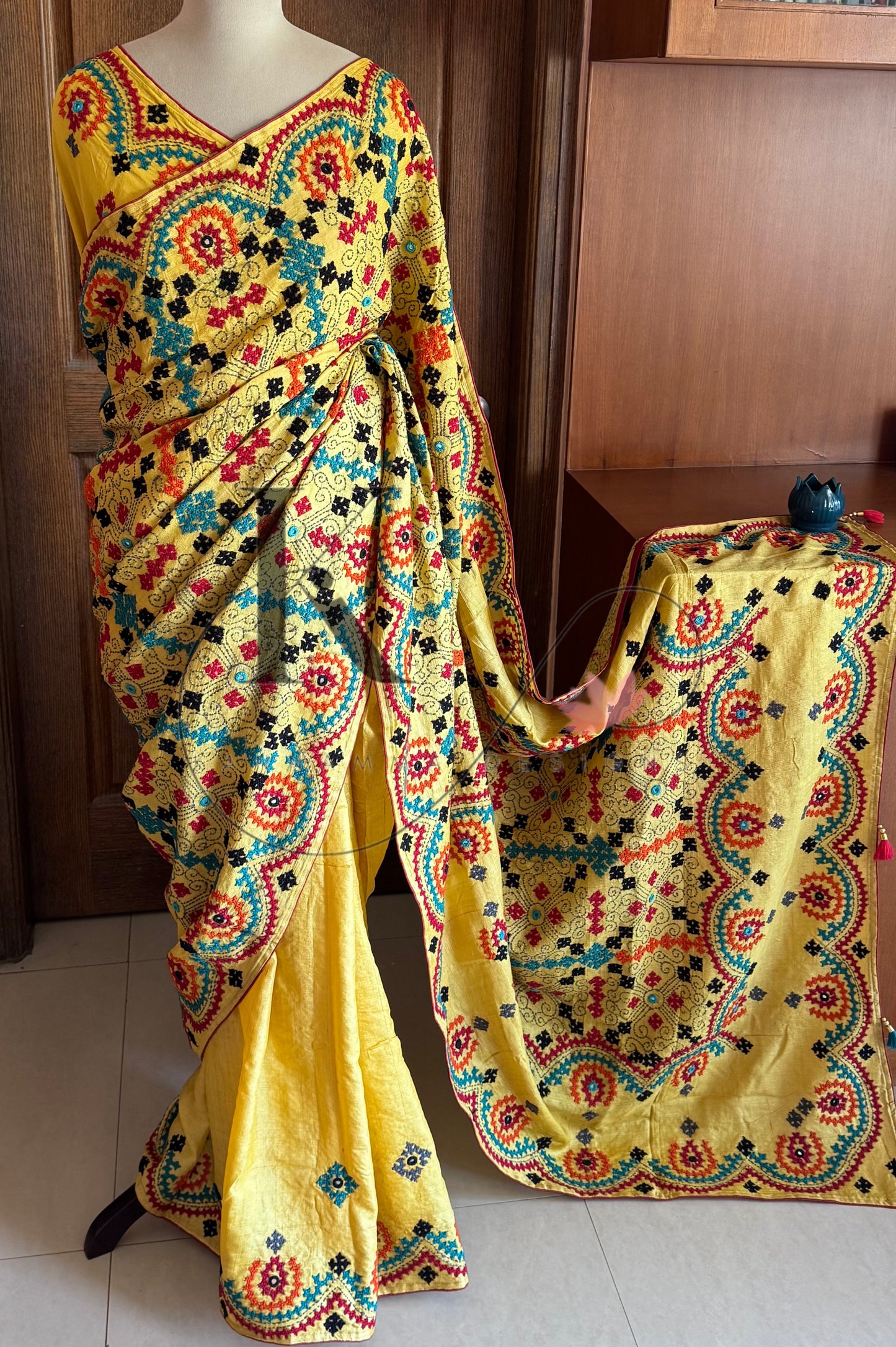 Kutch Embroidery with real mirror work Pure Gaji Tussar Silk Saree - Yellow & Multicolour