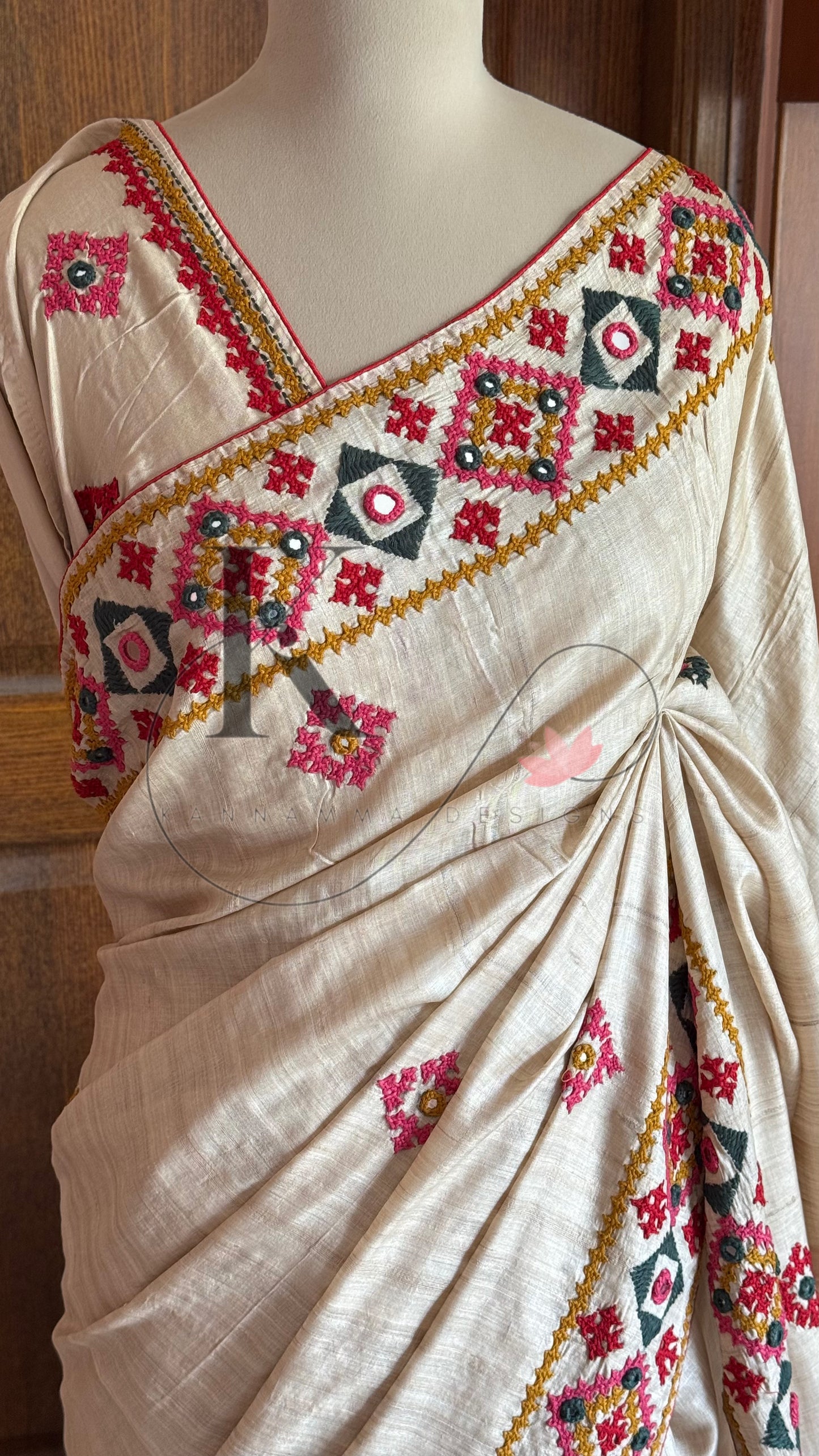 Kutch Embroidery with real mirror work Pure Gaji Tussar Silk Saree - Tussar Beige