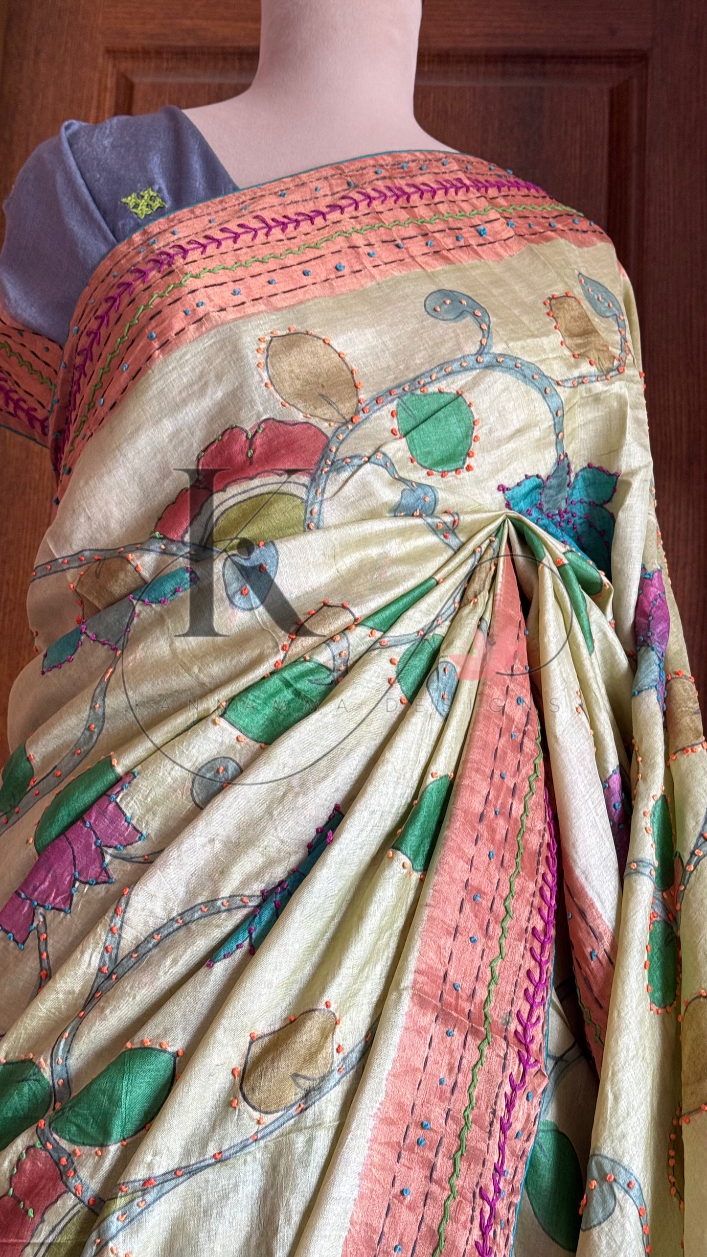 Hand Painted & Hand Embroidered Pure Gaji Tussar Silk Saree - Pastel Green