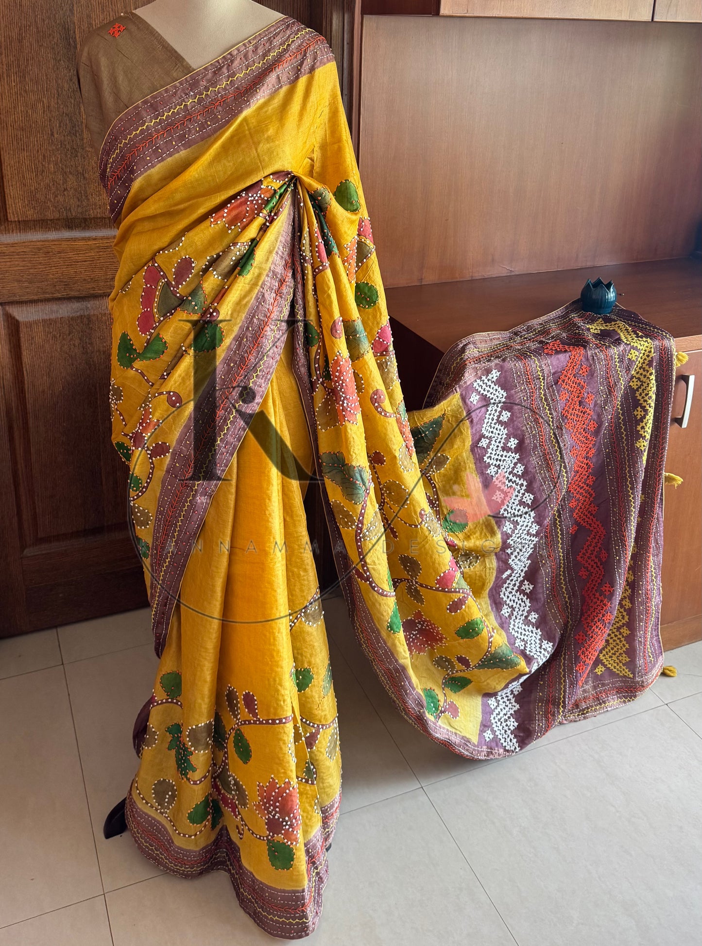 Hand Painted & Hand Embroidered Pure Tussar Silk Saree - Yellow & Mauve Brown