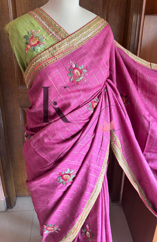 Hand Embroidered Pure Tussar Silk Saree - Pink & Green