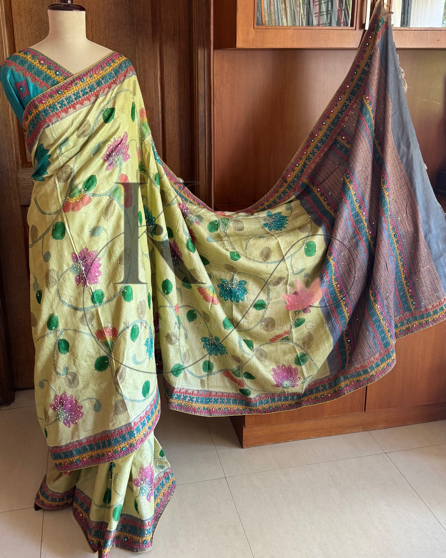 Hand Painted & Kutch Hand Embroidered Pure Tussar Silk Saree - Pastel Green