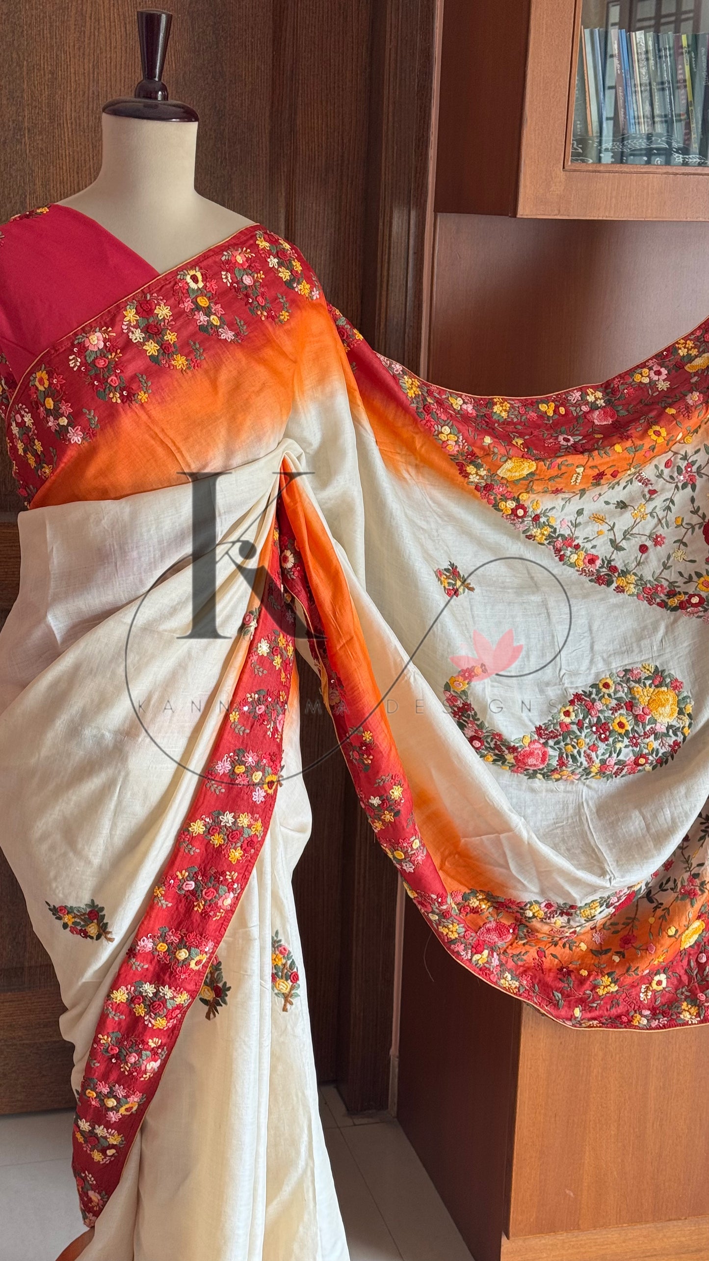 Hand Embroidered Pure Tussar Silk Saree - Halfwhite,Red & Orange