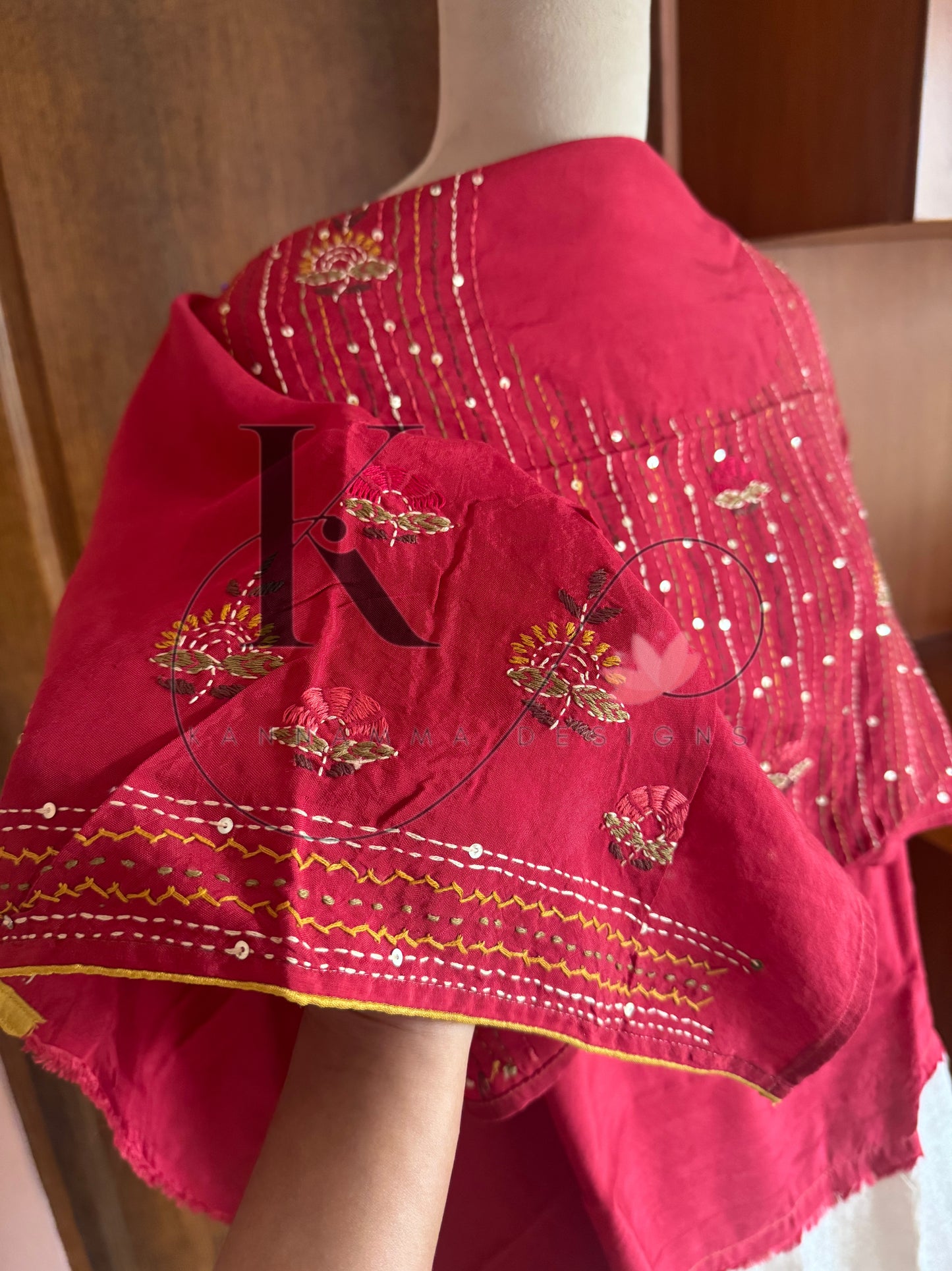 Kathiyawadi Hand Embroidered Pure Gaji Tussar Silk Saree - Halfwhite & Red