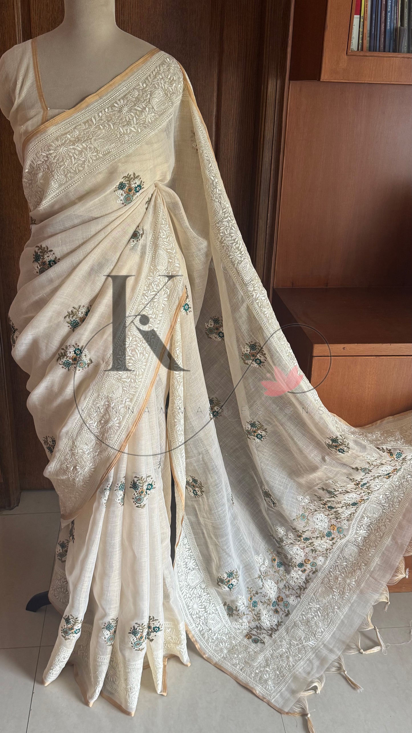 Premium Tissue Linen Sarees - Half White & Peacock Blue