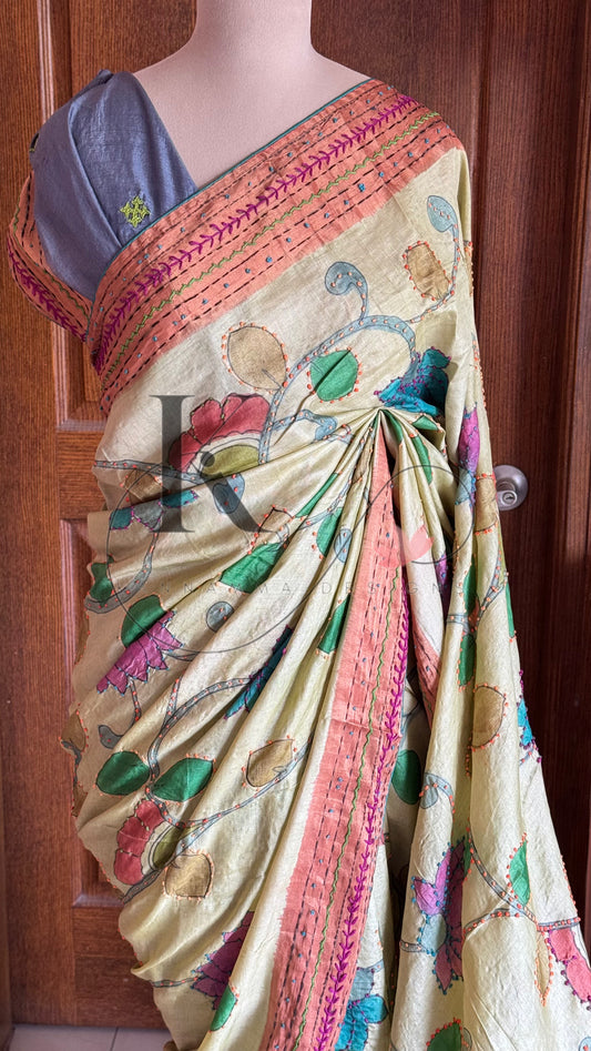 Kalamkari and Kutch Hand Embroidered Pure Gaji Tussar Silk Saree - Pastel Green