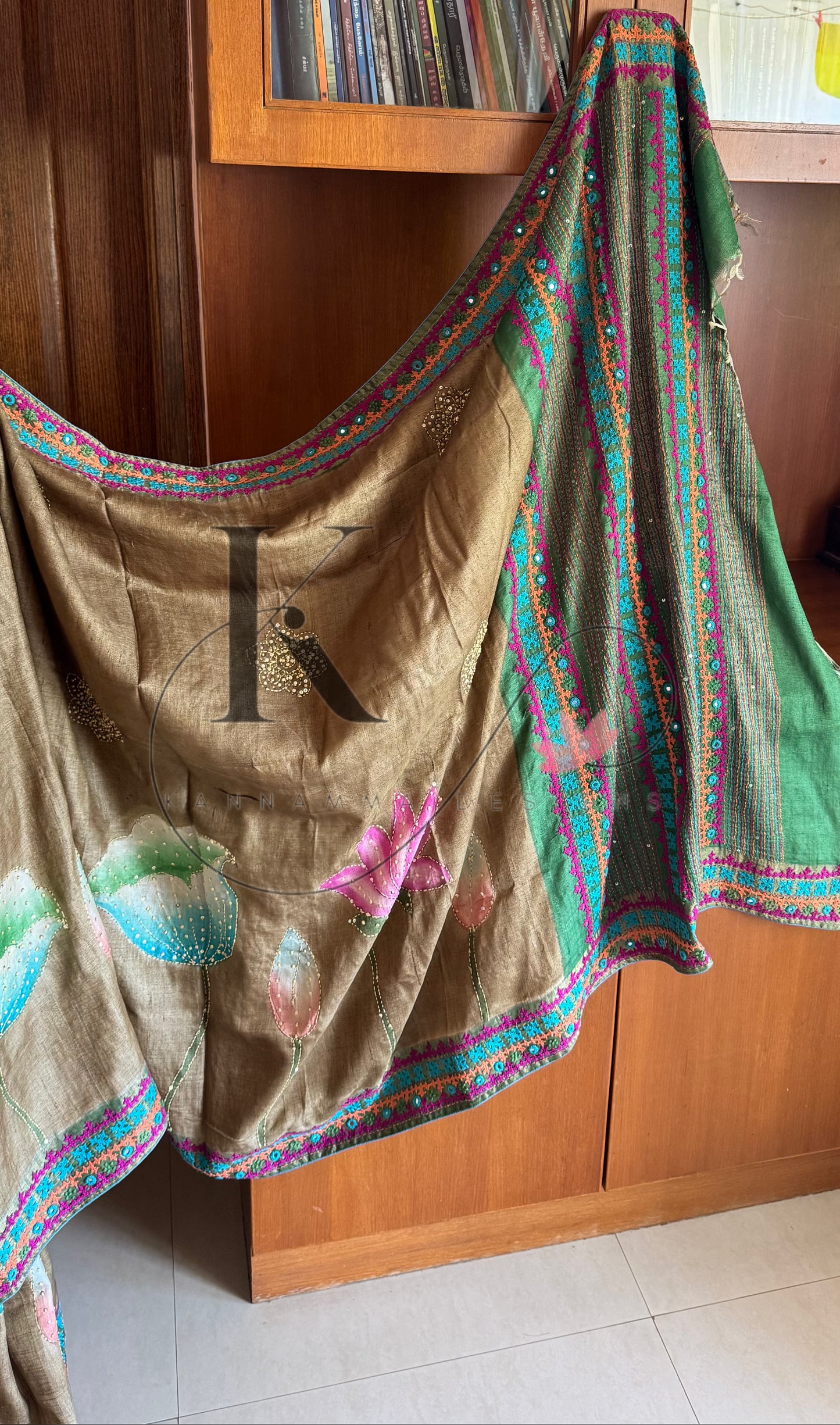 Hand Painted & Kutch Hand Embroidered Pure Tussar Silk Saree - Brown