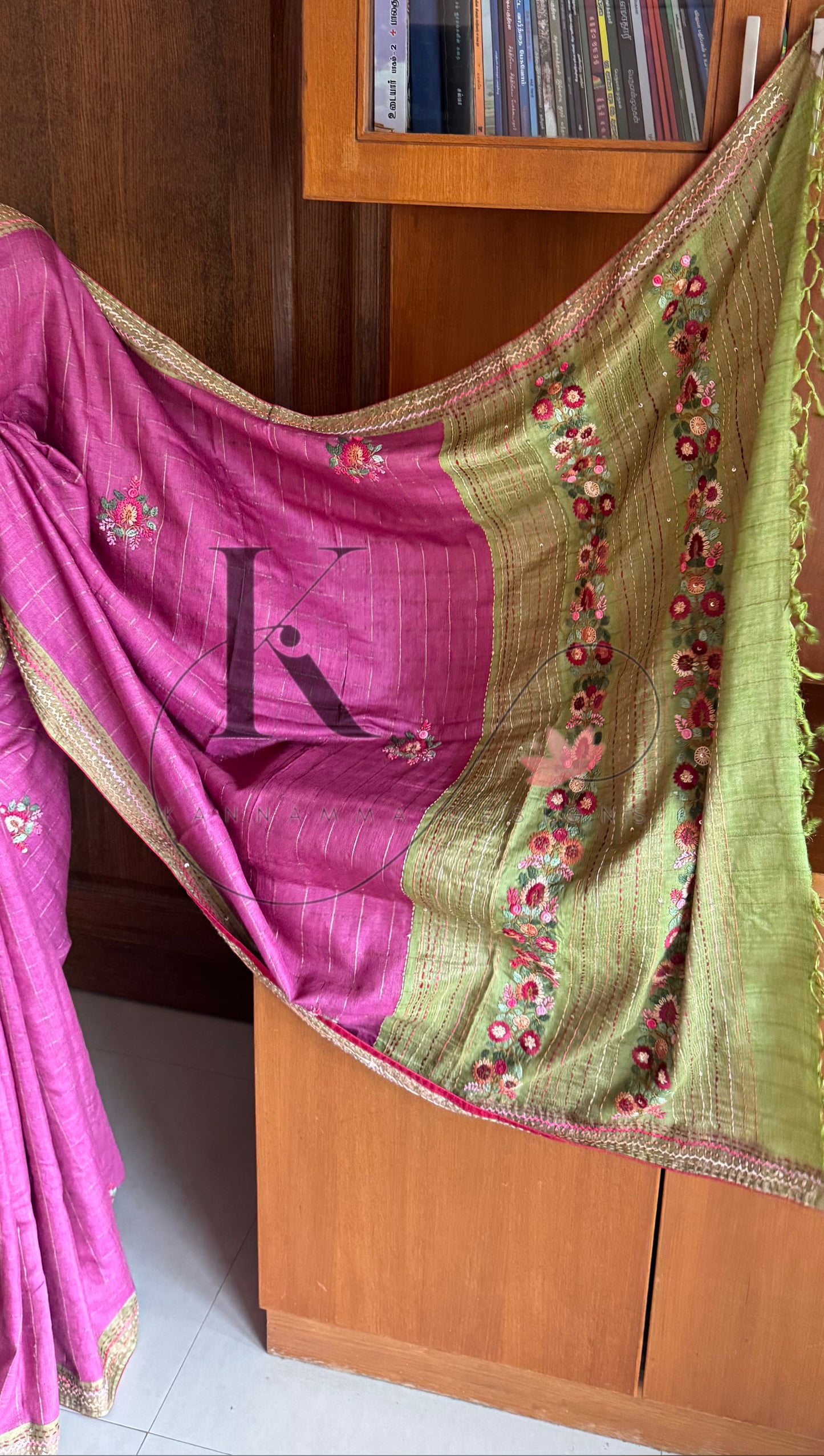 Hand Embroidered Pure Tussar Silk Saree - Pink & Green