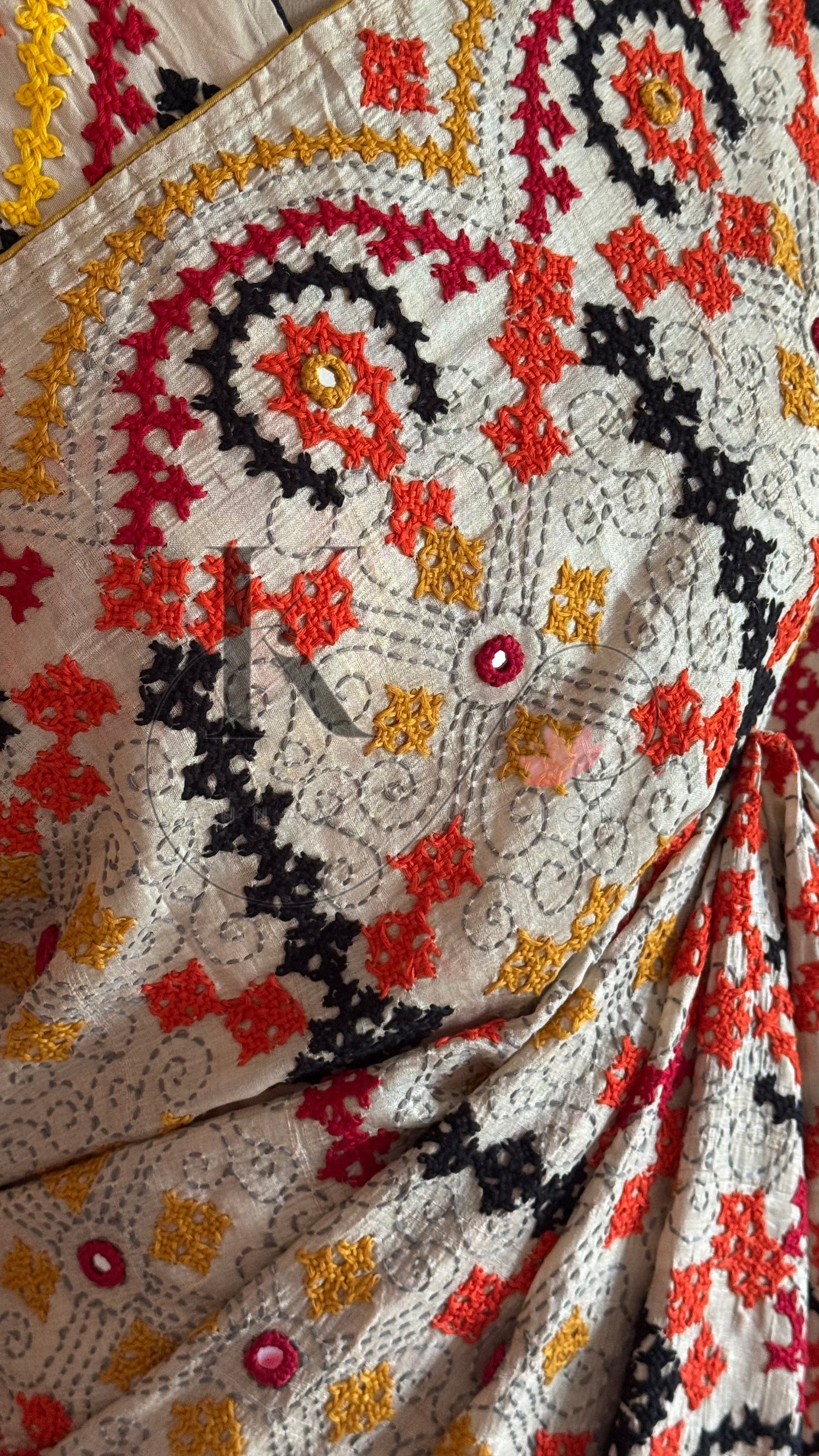 Kutch Embroidery with real mirror work Pure Gaji Tussar Silk Saree - Tussar Beige ,Yellow & Orange