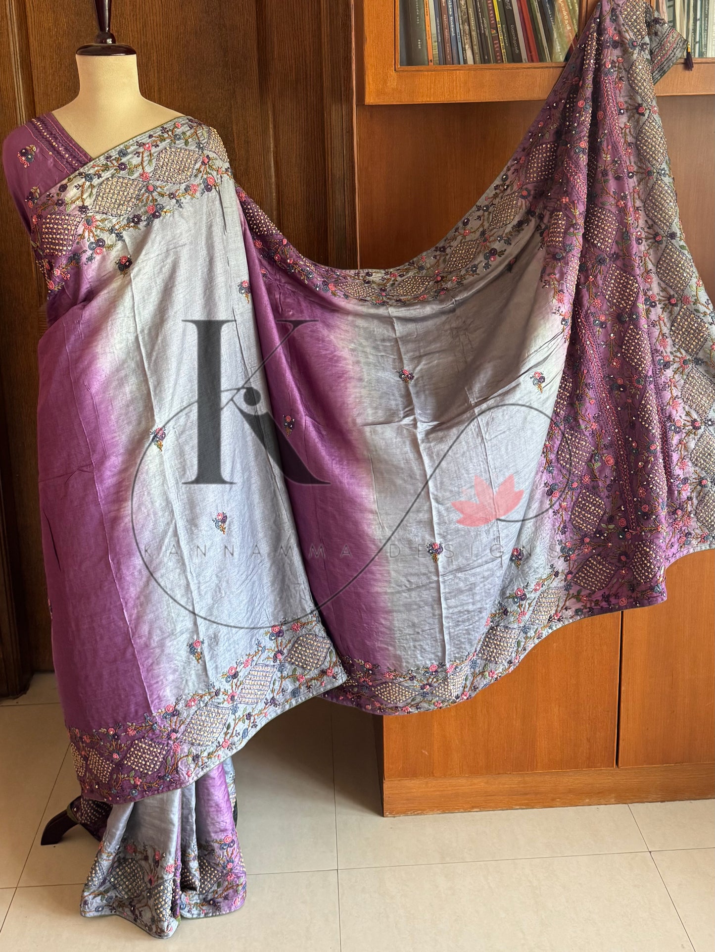 Hand Embroidered Pure Tussar Silk Saree - Grey & Voilet