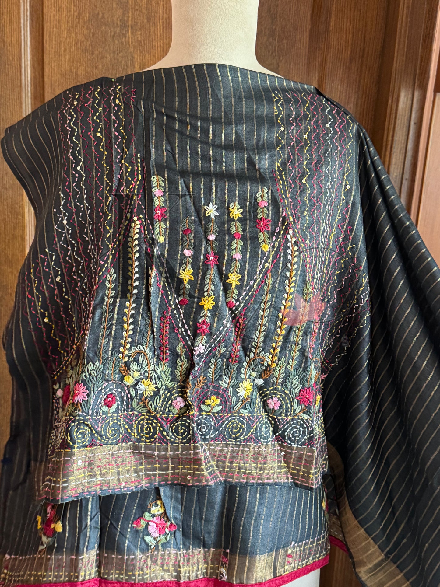 Hand Embroidered Pure Tussar Silk Saree - Black