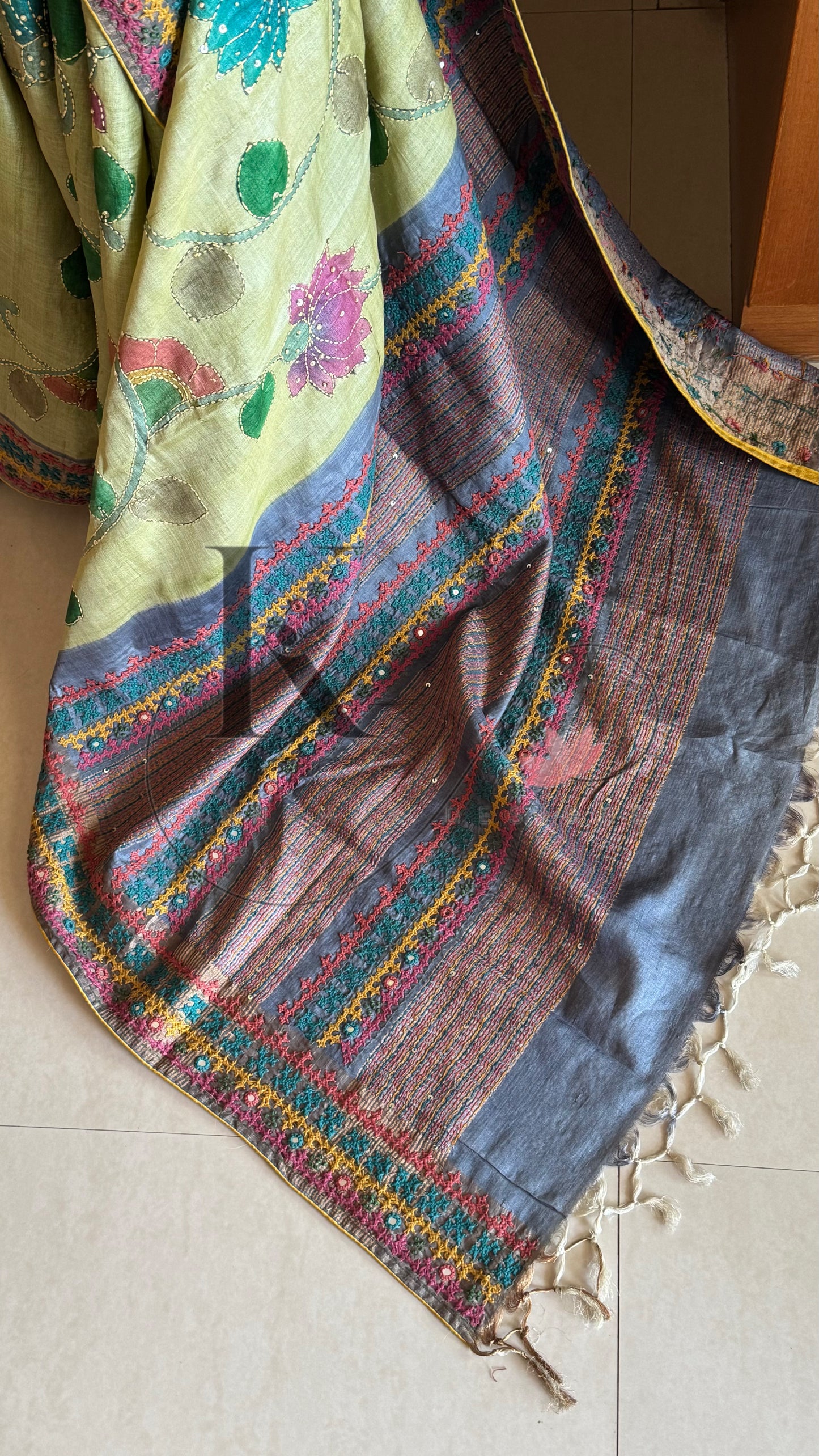 Hand Painted & Kutch Hand Embroidered Pure Tussar Silk Saree - Pastel Green