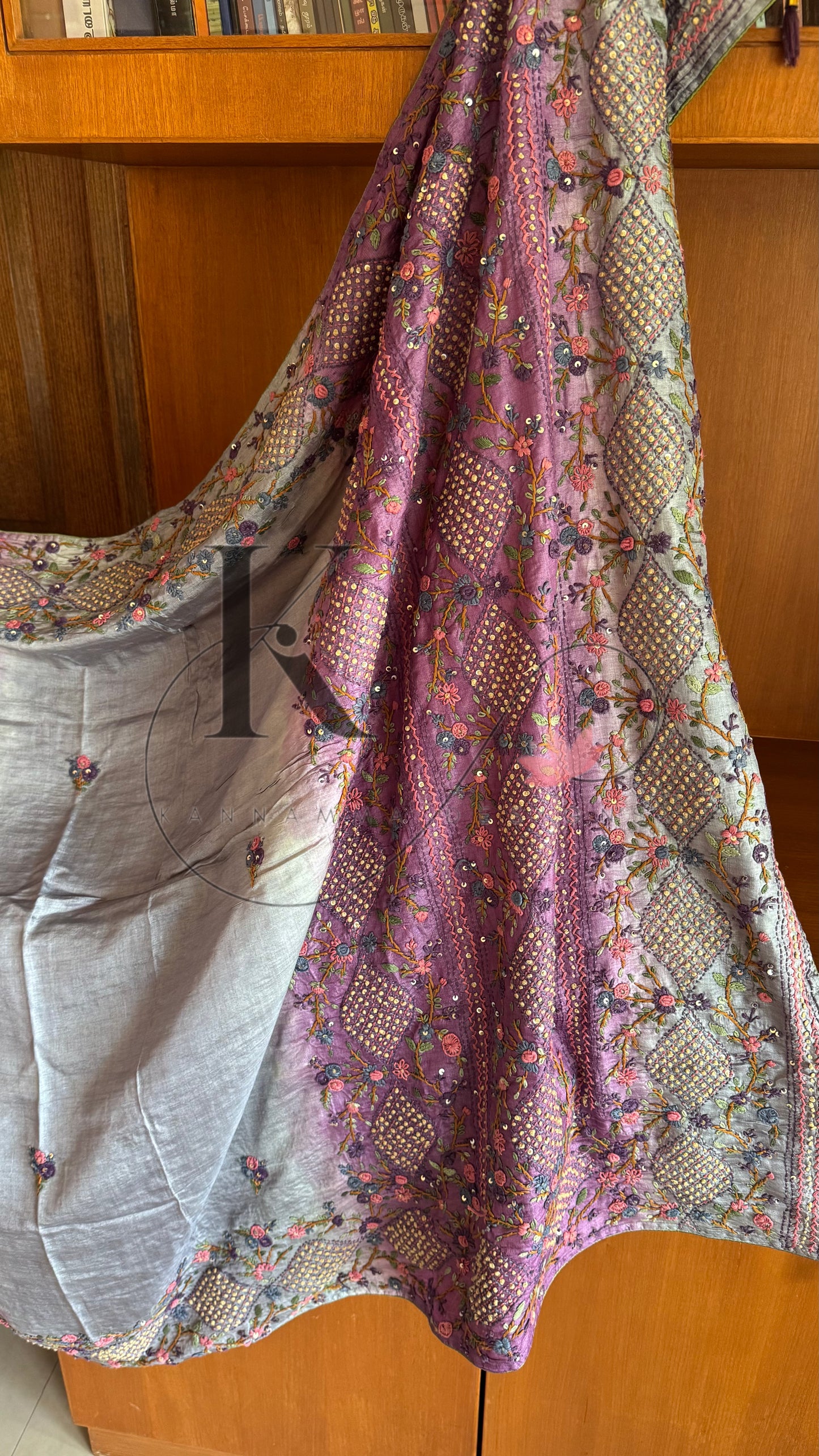 Hand Embroidered Pure Tussar Silk Saree - Grey & Voilet