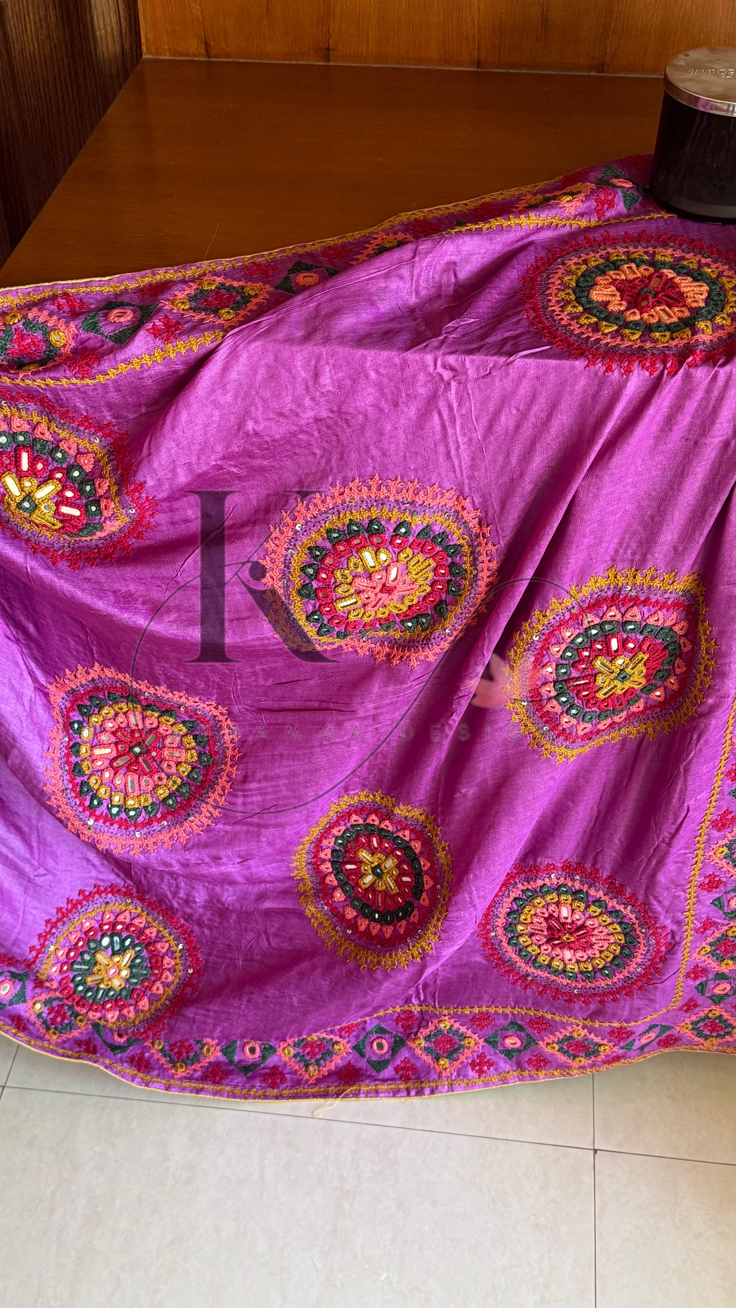 Kutch Embroidery with real mirror work Pure Gaji Tussar Silk Saree - Pink