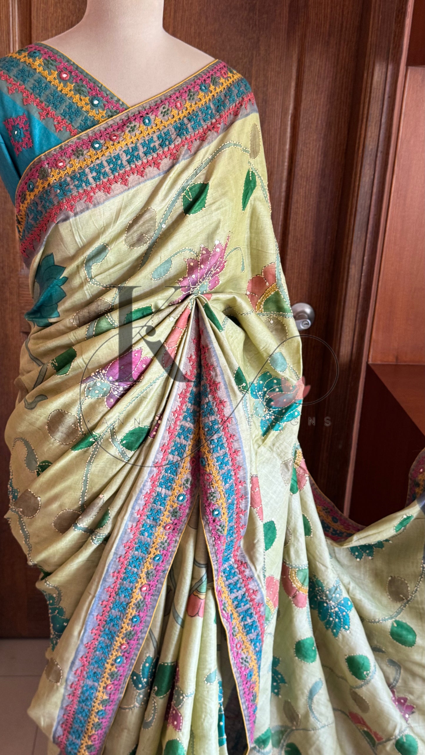 Hand Painted & Kutch Hand Embroidered Pure Tussar Silk Saree - Pastel Green