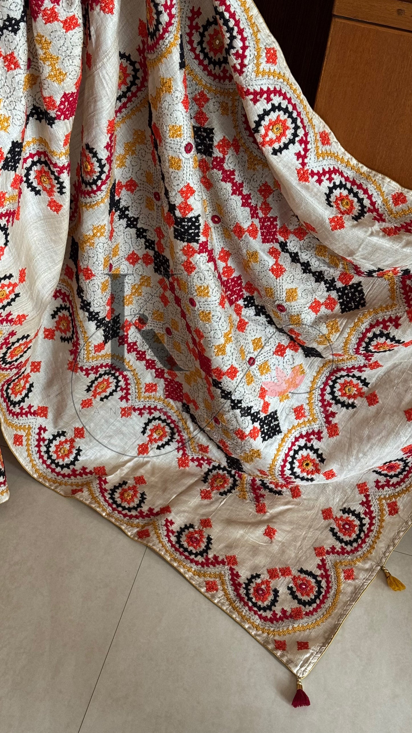 Kutch Embroidery with real mirror work Pure Gaji Tussar Silk Saree - Tussar Beige ,Yellow & Orange