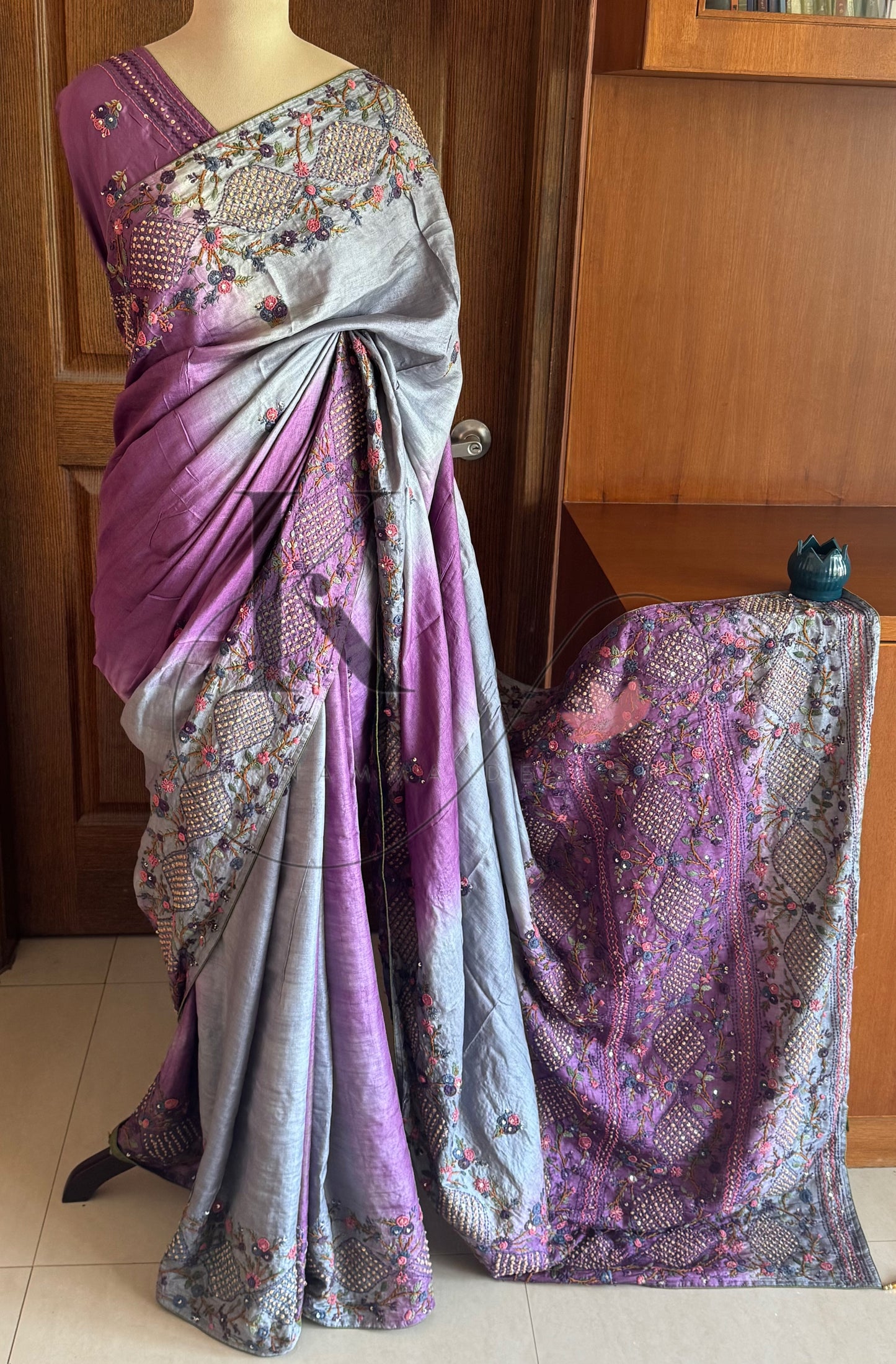 Hand Embroidered Pure Tussar Silk Saree - Grey & Voilet