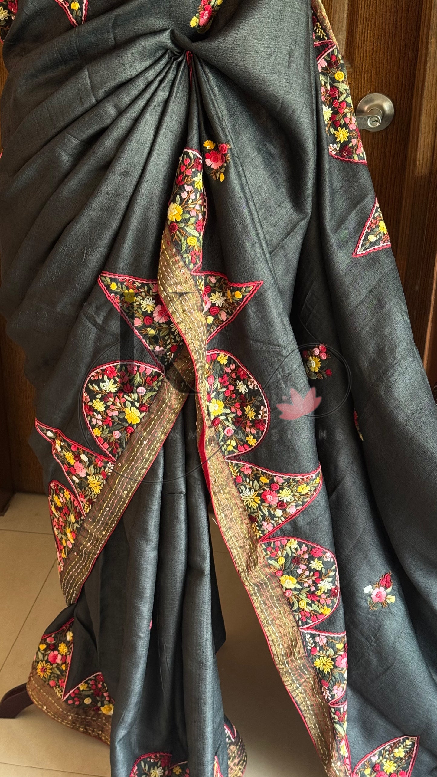 Hand Embroidered Pure Tussar Silk Saree - Black