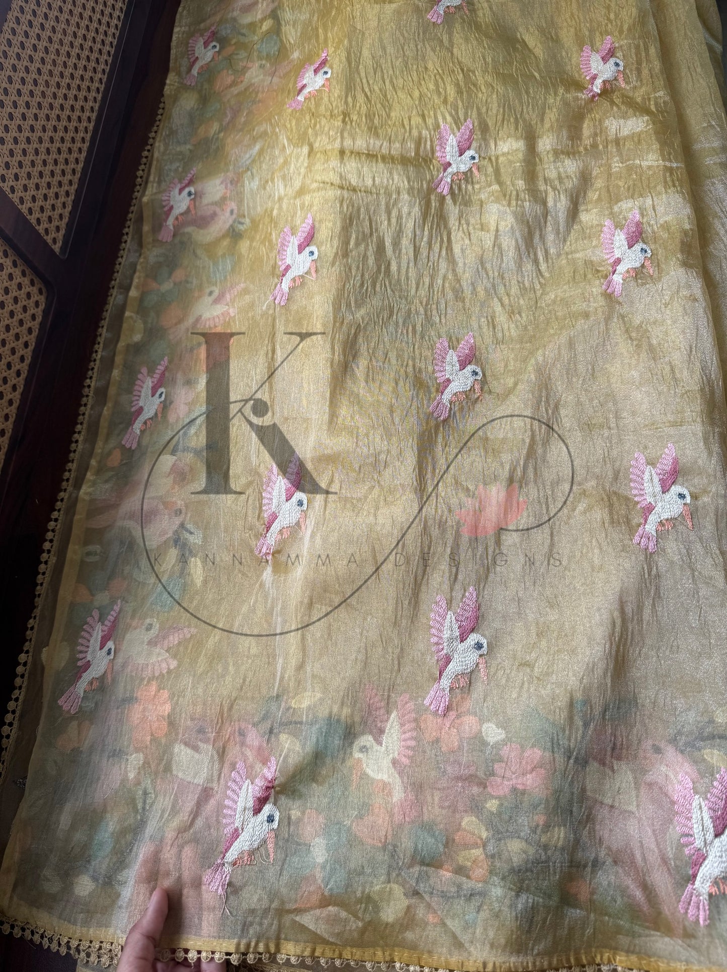 Tissue Organza Bird Saree  - Yellow 2